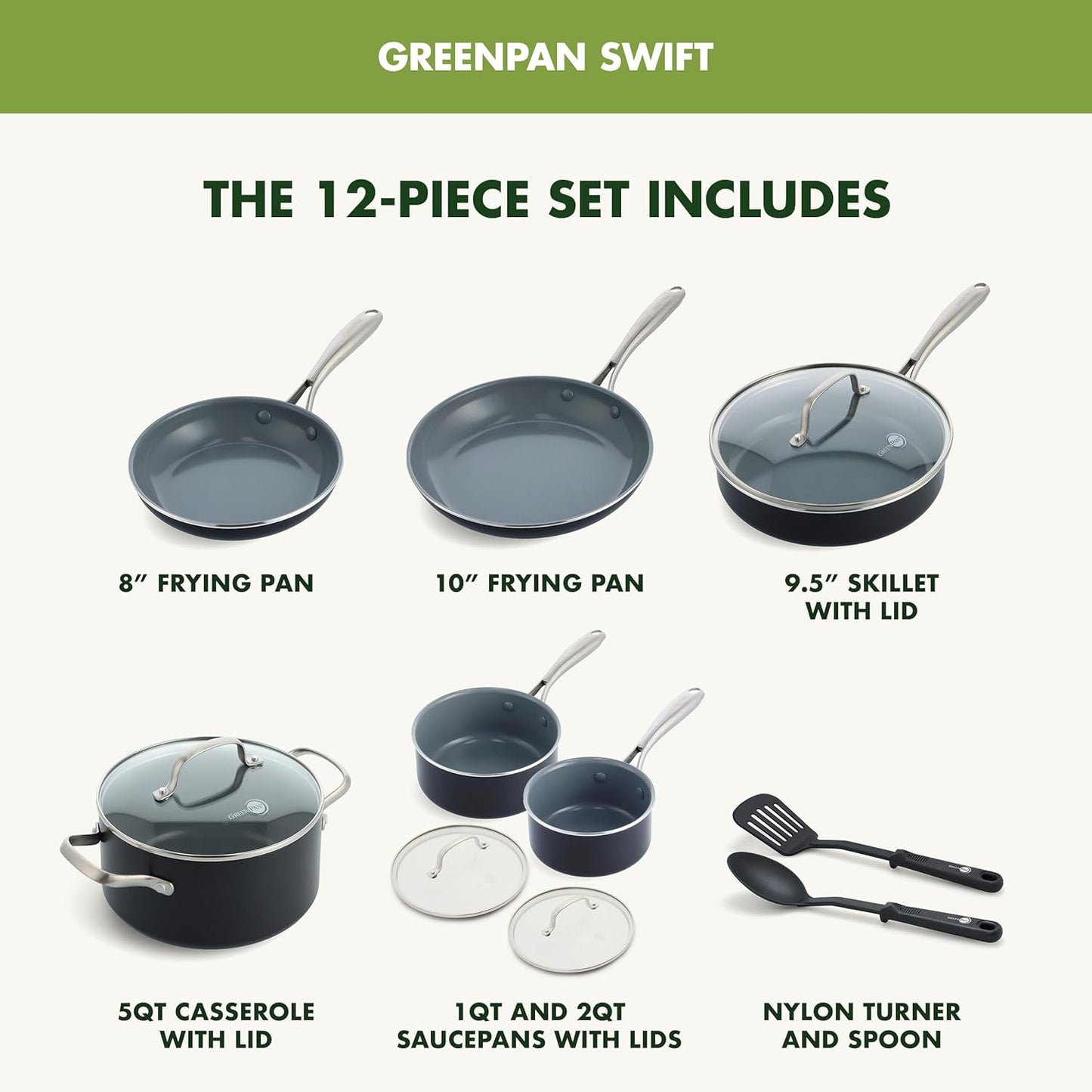GreenPan 12 Piece Nonstick Swift Cookware Set, Ceramic PFAS-Free Pots & Pans with Lids, Dishwasher & Oven/Broiler Safe to 600F, Kitchen Cooking Set, Sauce, Saute, Stock, Frying Pans, Gray
