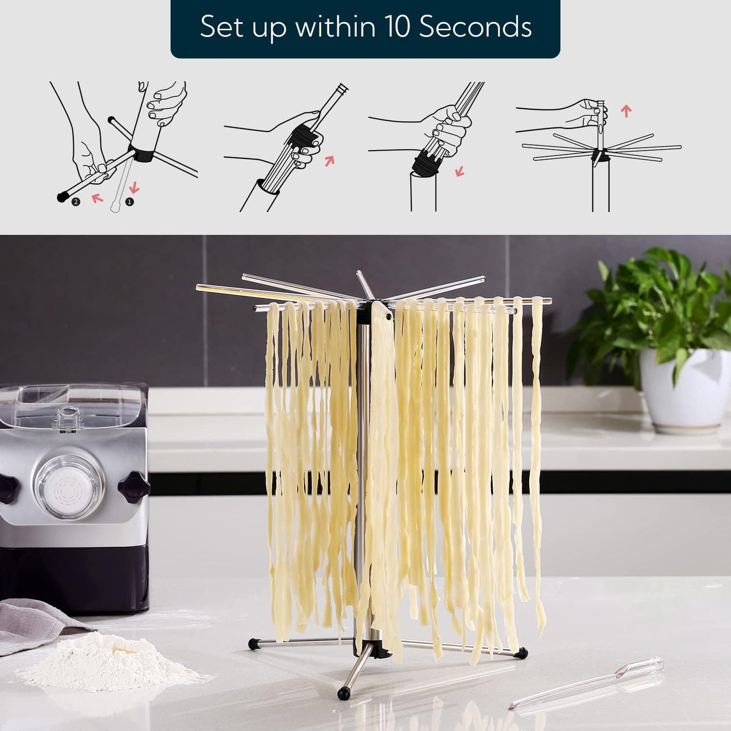 KITCHENDAO Collapsible Pasta Drying Rack, Foldable for Easy Storage, Rotary Arms, Detachable for Easy Cleaning, Stainless Steel Homemade Hanging for up to 6 lbs, Pasta Noodle Spaghetti Stand Hanger