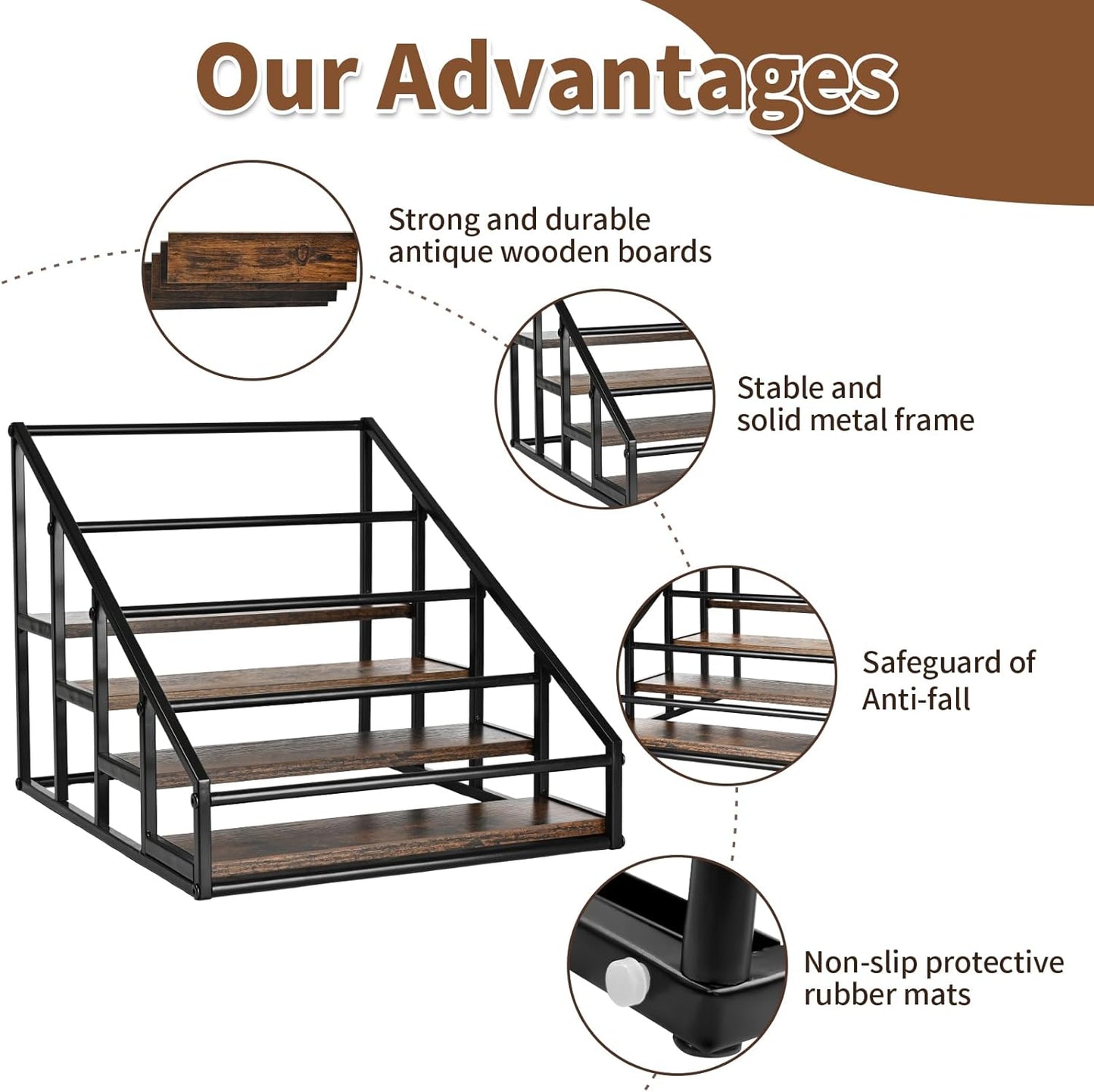 Coffee Syrup Rack Organizer,Liquor Bottle Display Shelf,Water cup display stand,Spice Rack Kitchen Cabinet Organizer,Rustic Brown,2 Packs 4 Tier 16 Bottle Coffee Syrup Holder