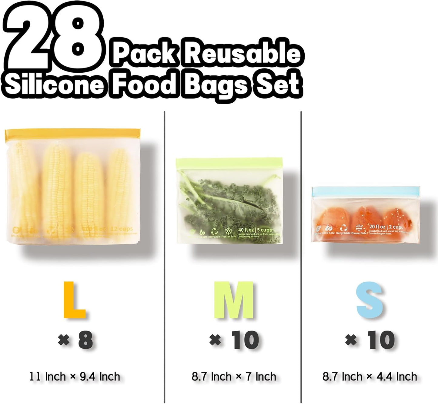 28 Pack Reusable Food Storage Bags,Leakproof Freezer Bags BPA Free Stand Up Sandwich Bags for Lunch Salad Fruit Travel,Dishwasher Safe(8 Gallon,10 Sandwich,10 Snack)