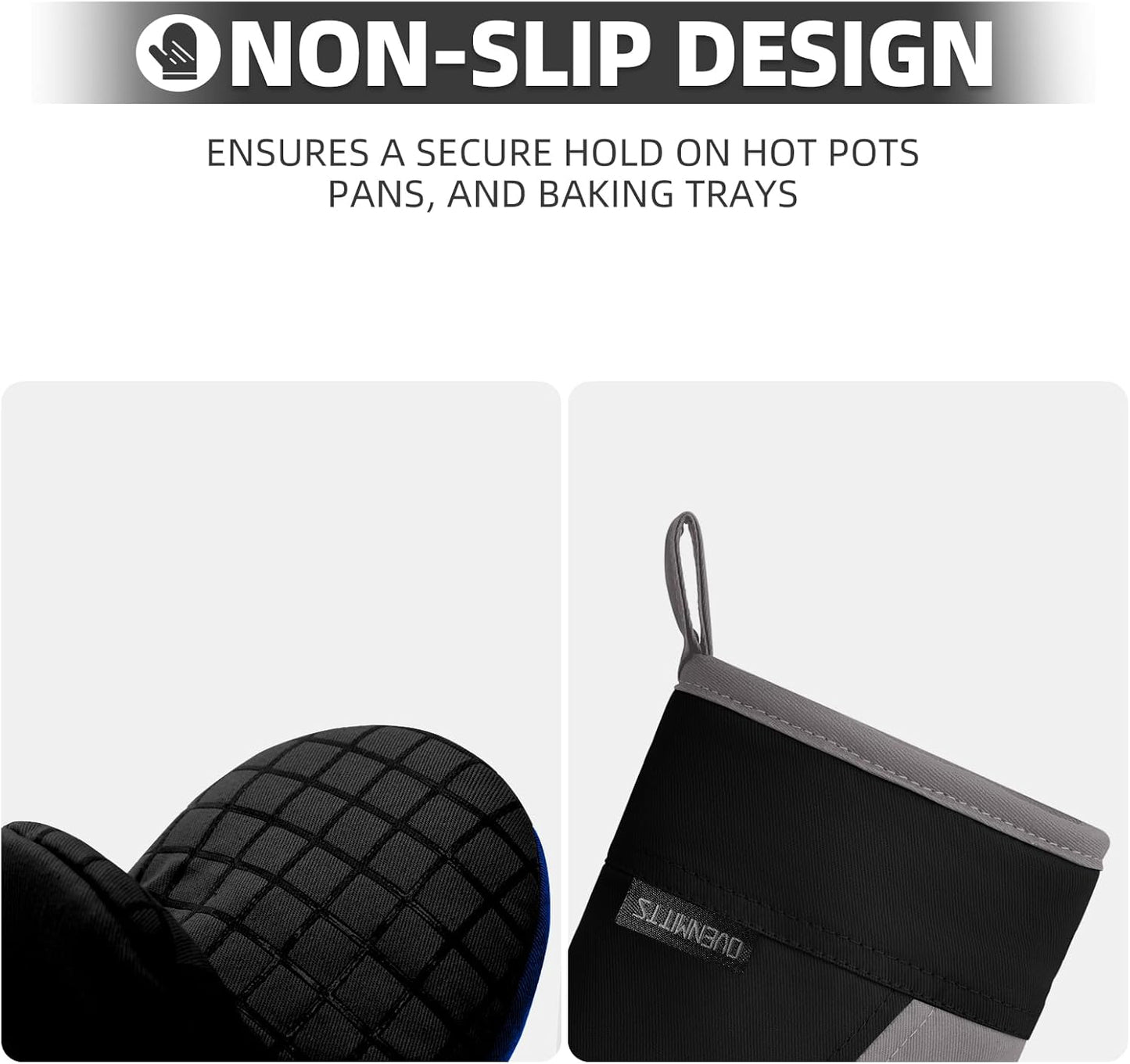 Mini Oven Mitts, Kitchen Oven Gloves Kitchen Mittens 500 Degrees Heat Resistant Baking Gloves, Non-Slip Silicone Surface with Hanging Loops Hot Gloves for Cooking, Baking, BBQ 1 Pair-Black