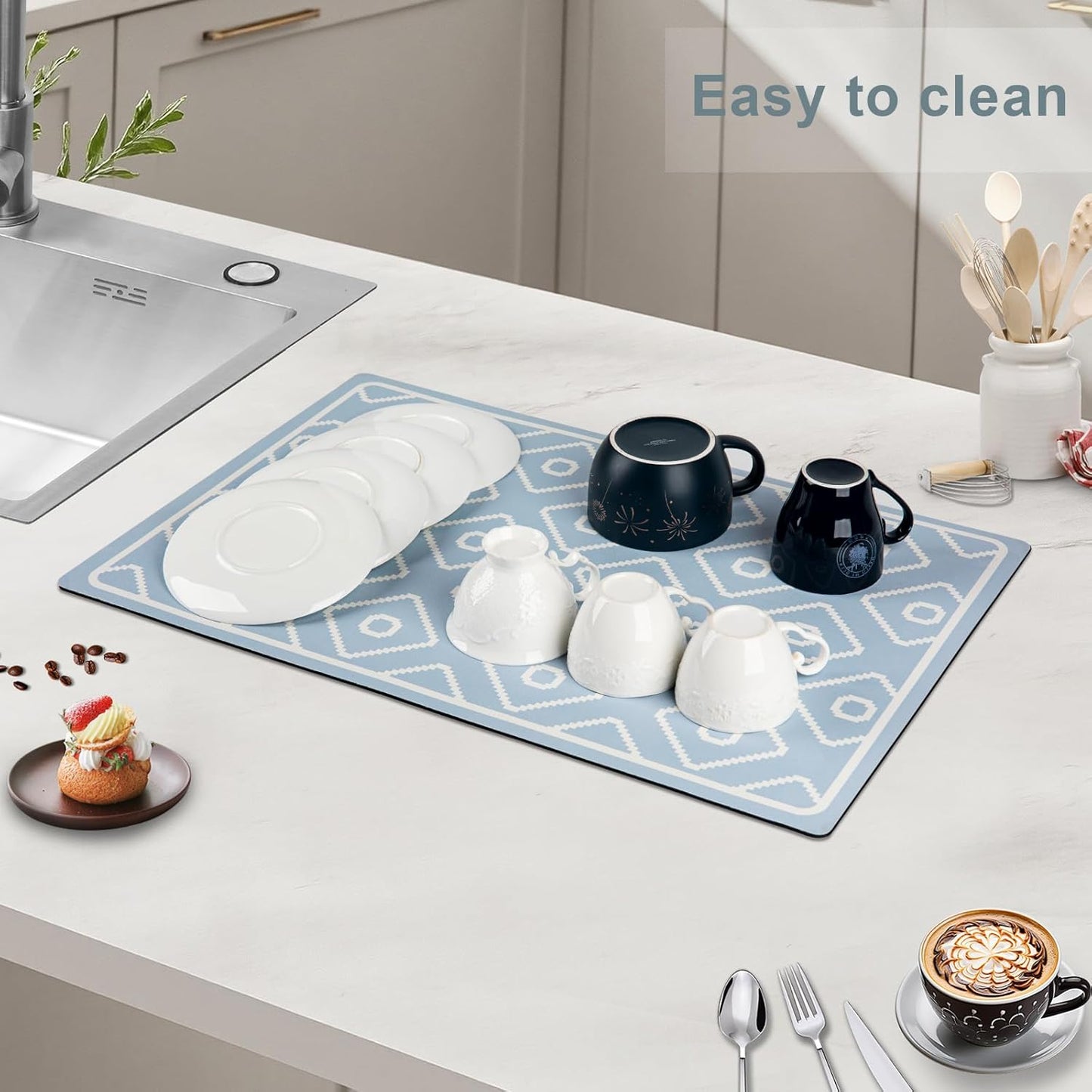 SUEH DESIGN Dish Drying Mat, Absorbent Coffee Mat 19.6 x 11.8 in Quick Dry Kitchen Drying Dish Drain Mat for Kitchen Counter Coffee Bar, Blue