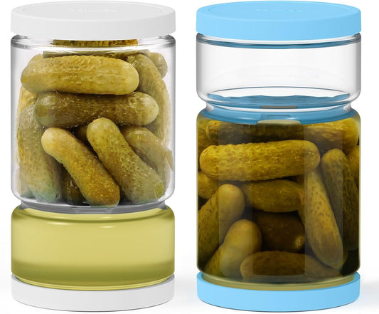 Glass Pickle Jar with Strainer for Pickle Lover - 45 Oz Leakproof and Airtight Juice Separator for Olive, Gherkin, Chilli, BPA Free, Dishwasher and Refrigerator Safe (White&Blue, 45oz*2pcs)