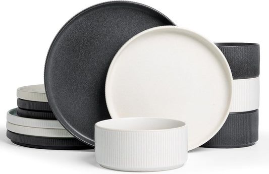 Famiware Star Dinnerware Set, Plates and Bowls Sets for 4 (12pcs), Ribbed Stoneware Dishes - Chip & Scratch Resistant, Microwave & Dishwasher Safe, Multicolor - Matte White & Matte Dark Charcoal
