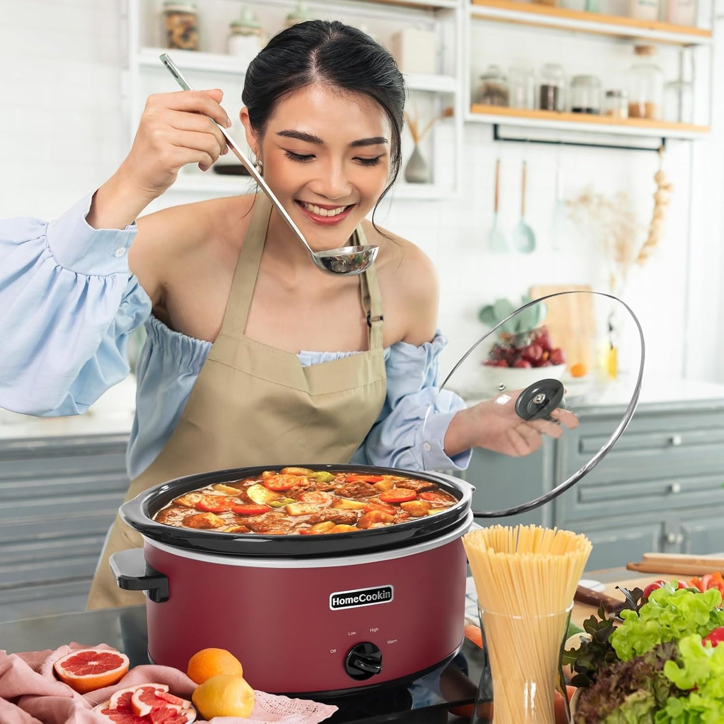 HOMECOOKIN 7 Quart Slow Cooker Oval Manual Pot Food Warmer with 3 Cooking Settings, Red Stainless Steel