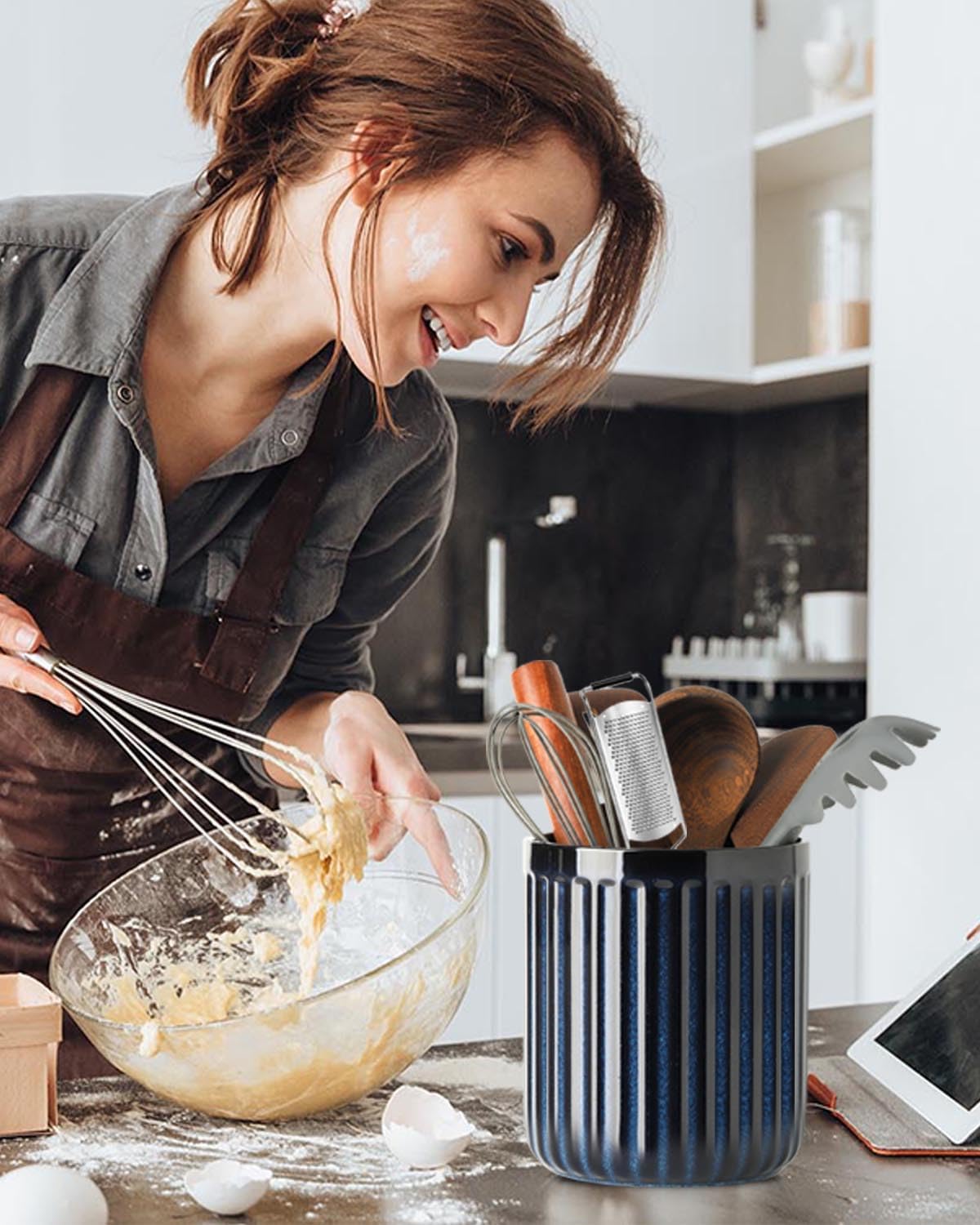 Hasense Cooking Utensil Holder, 7.3" + 5.7" - Large Utensil Crock for Farmhouse Kitchen Decor, Spatula Storage Organizer, Set of 2, Navy Blue