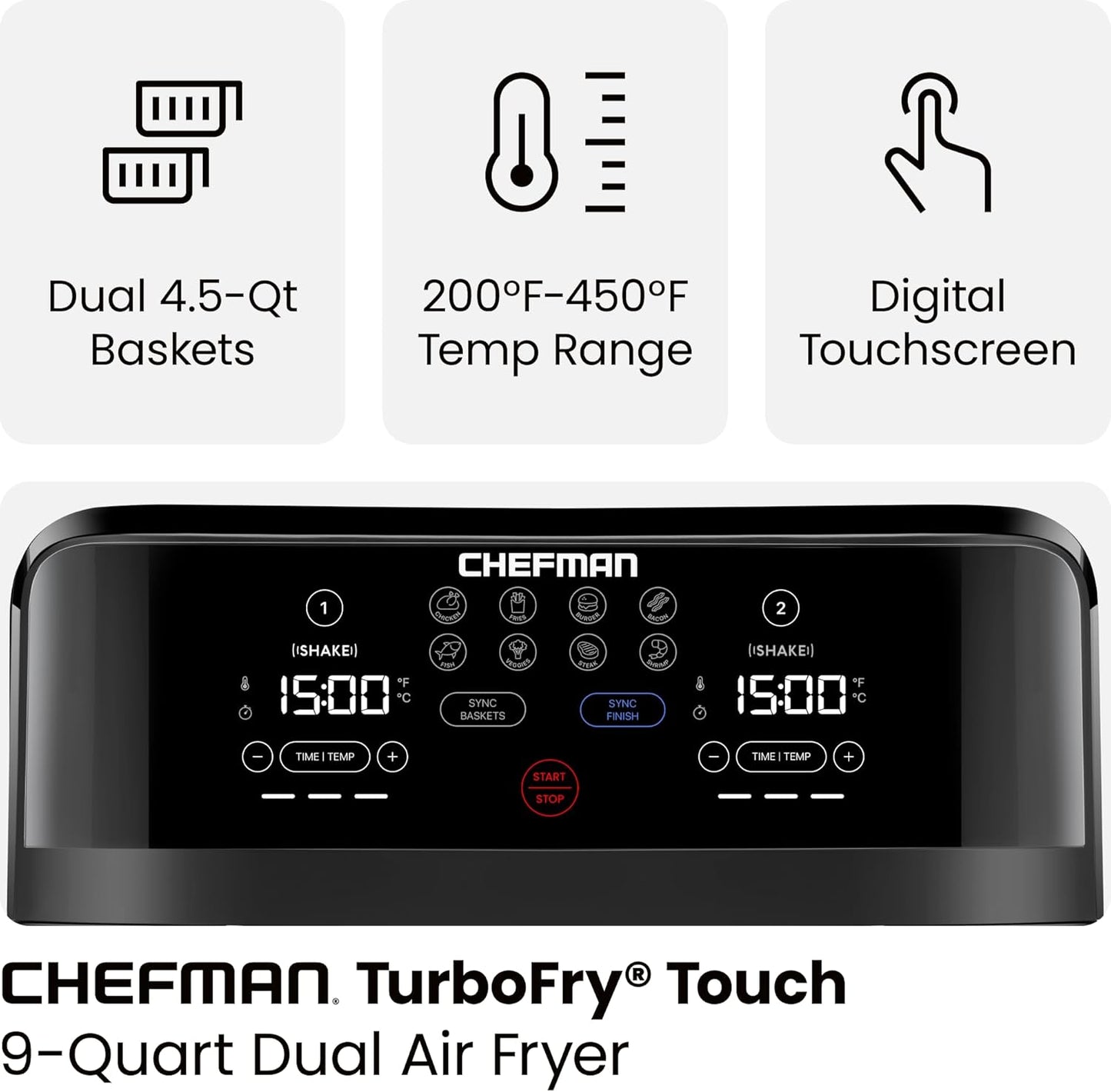 Chefman TurboFry Touch Dual Air Fryer, Maximize The Healthiest Meals With Double Basket Capacity, One-Touch Digital Controls And Shake Reminder For The Perfect Crispy And Low-Calorie Finish