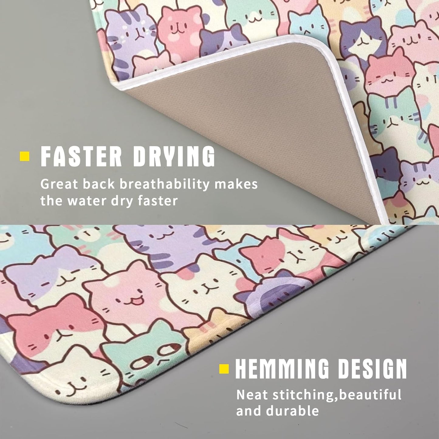 Colorful Cats Dish Drying Mat 16x18 inch Cute Animal Microfiber Reversible Fast Dry Dishes Drainer Rack Pad for Counter Kitchen Table Decor