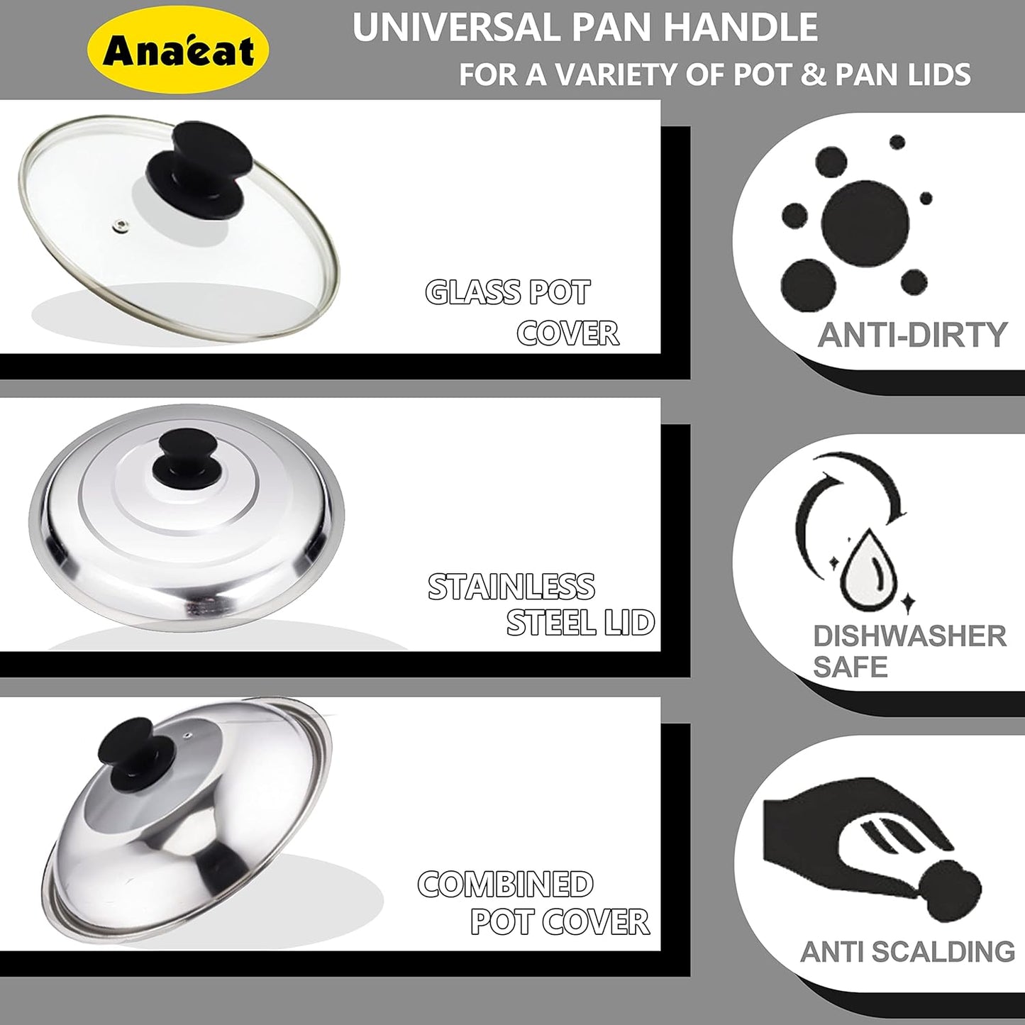 Anaeat Universal Pot Lid Replacement Knob - Heat Resistant Silicone Pan Lid Holding Handles, Soft Non-Slip Knobs for Kitchen Cookware Lid & Cover (Black)