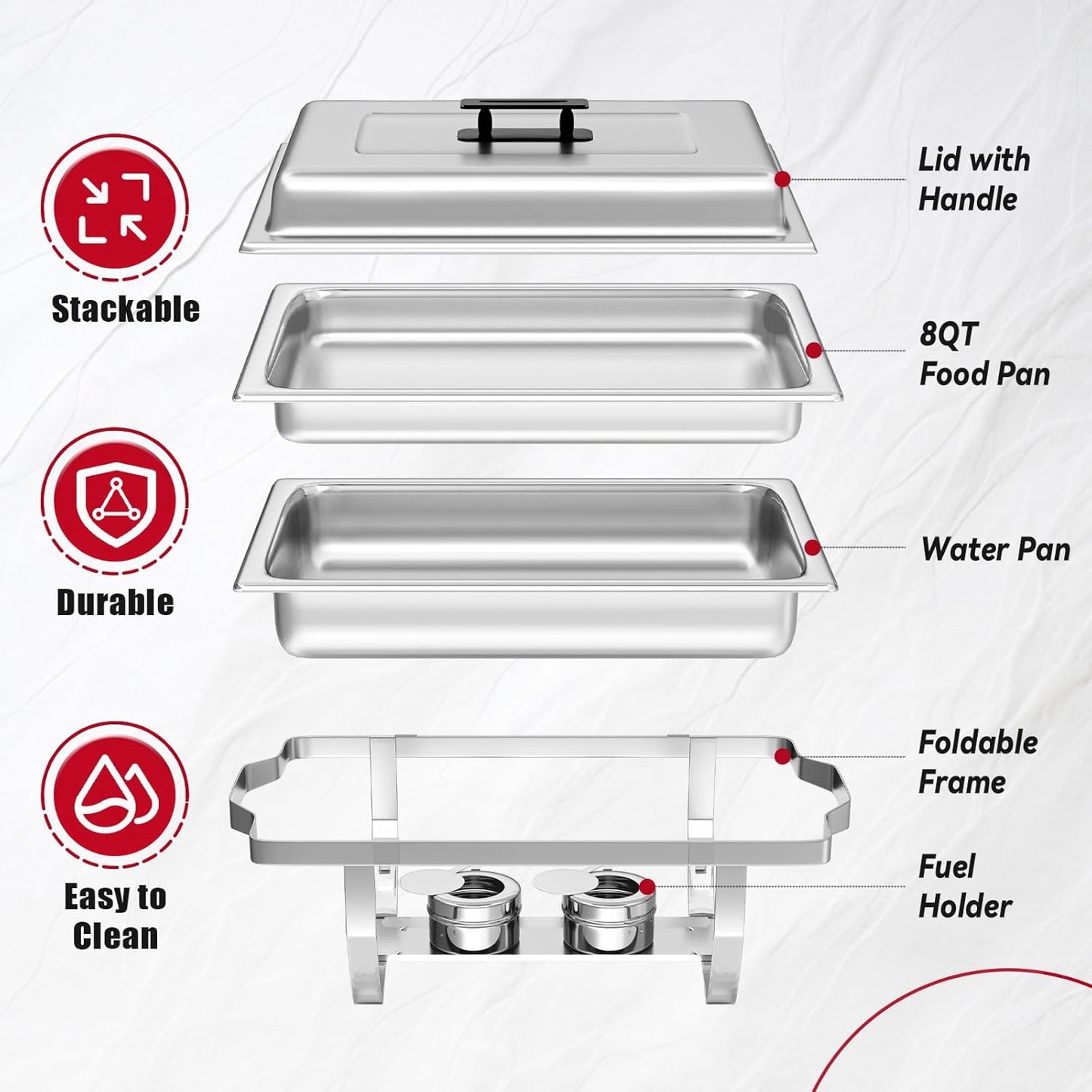 Chafing Dish Buffet Set of 2, 8QT Stainless Steel Rectangular Chafers and Buffet Warmer Sets for Catering, with Food & Water Pan, Lid, Foldable Frame, Fuel Holder for Event Party Holiday