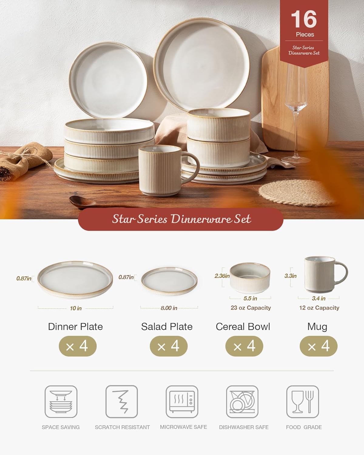 Famiware Star Dinnerware Set with Mugs, Service for 4 (16pcs), Ribbed Stoneware Plates and Bowls Dishes Sets - Chip & Scratch Resistant, Microwave & Dishwasher Safe, Cappuccino White