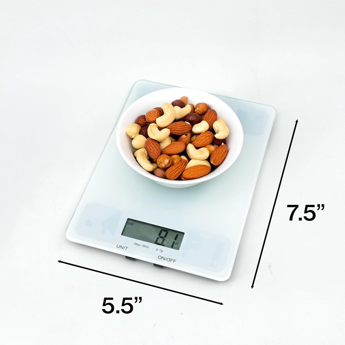 PantryPro Glass Platform Digital Kitchen Scale - 11lbs / 5kg Capacity - LCD Display g kg oz lb fl.oz ml - CR2032 Battery Included - White