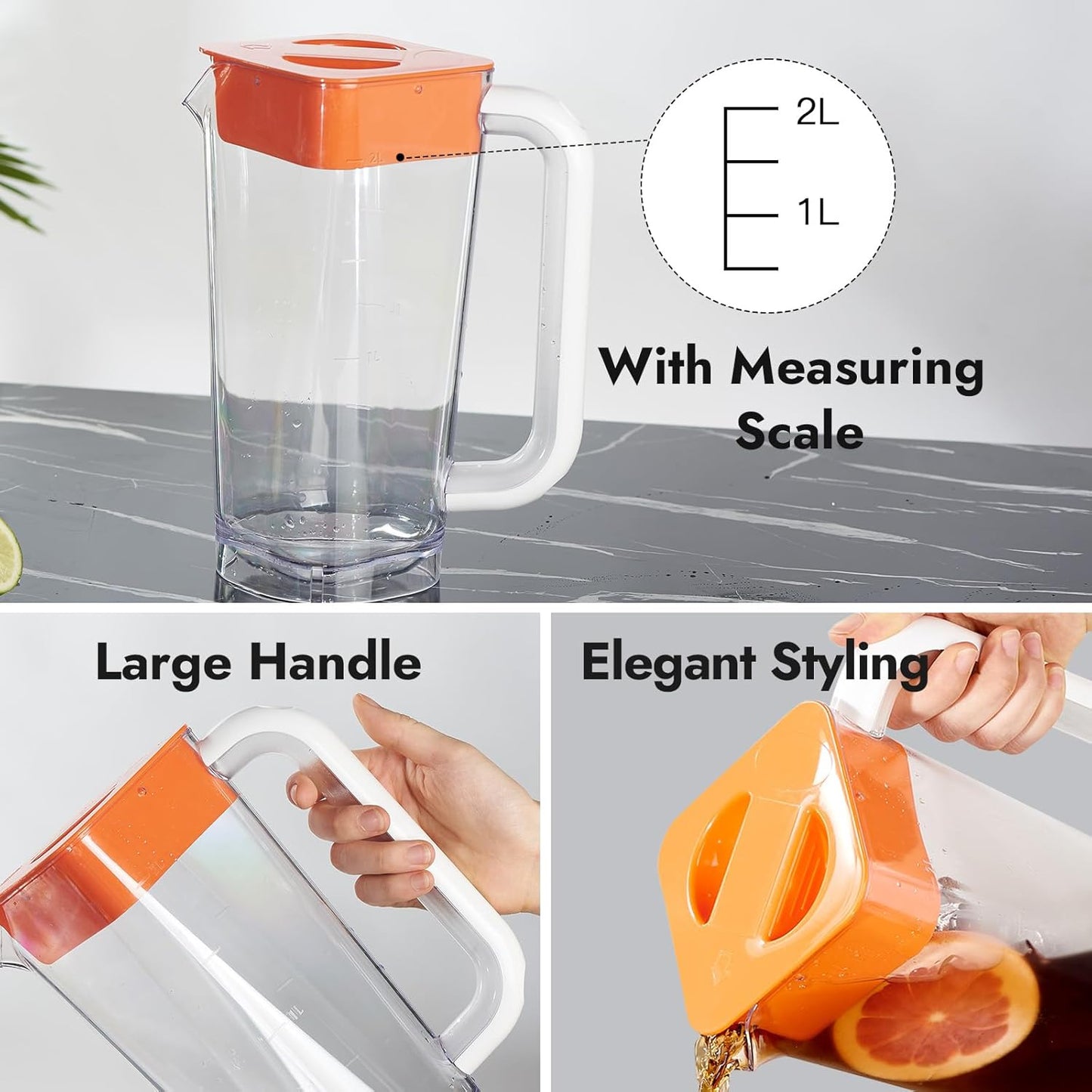 CURTA 2 Pack 2 Liters/68 oz Plastic Square Pitcher with Lid & Handle for Kitchen,ICED JUICE and Coffee Carafe Beverage Serveware, Acrylic Water Jug for Hot/Cold Drinks&lemonade
