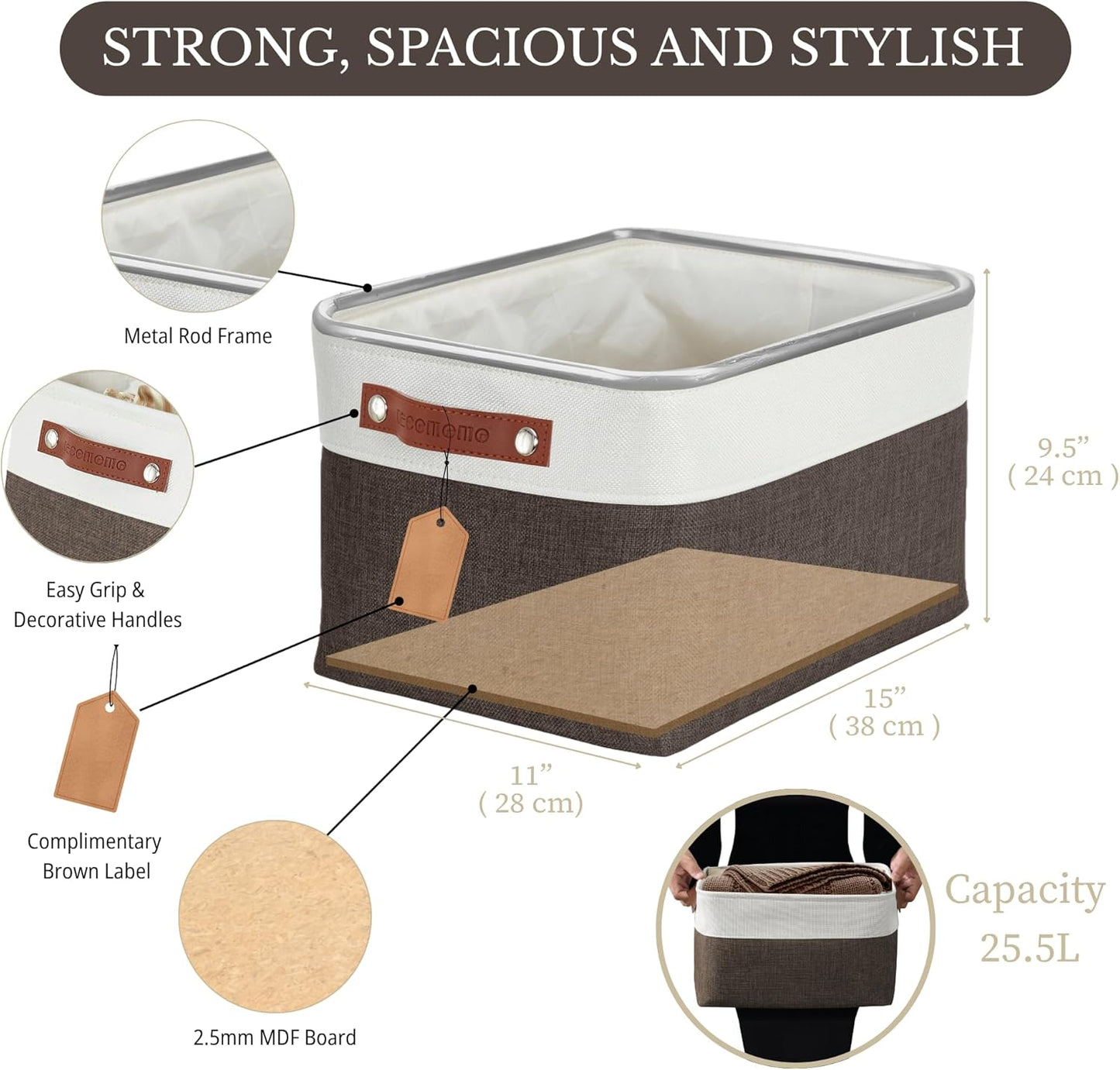 DECOMOMO Storage Baskets for Shelves - Fabric Storage Bins, Linen Closet Organizers and Storage (Brown & White, Large - 4 Pack)