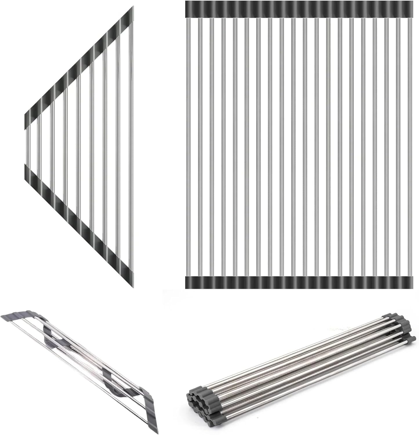 Dowell Over The Sink Roll-Up Dish Drying Rack, Foldable Tube Design, Space Saving Sink Organizer, Sturdy, Easy to Clean, Stylish Look - Triangle+Rectangular - Stainless Steel