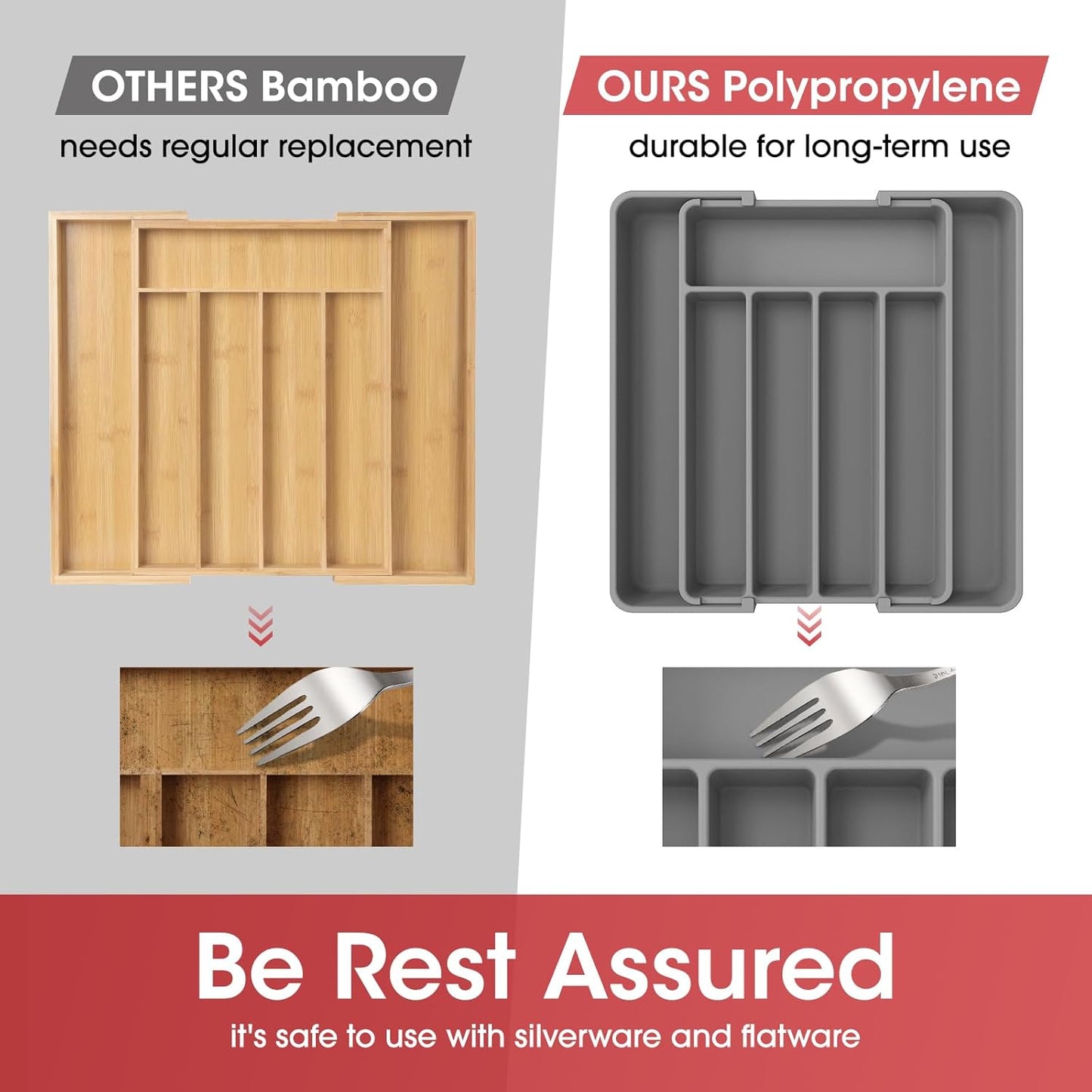 Aujen Silverware Organizer - Expandable Kitchen Drawer Organizer, Adjustable Utensil Organizer, Cutlery Tray for Forks, Knives, Multipurpose Kitchen Organizers and Storage Solution, Grey, Medium