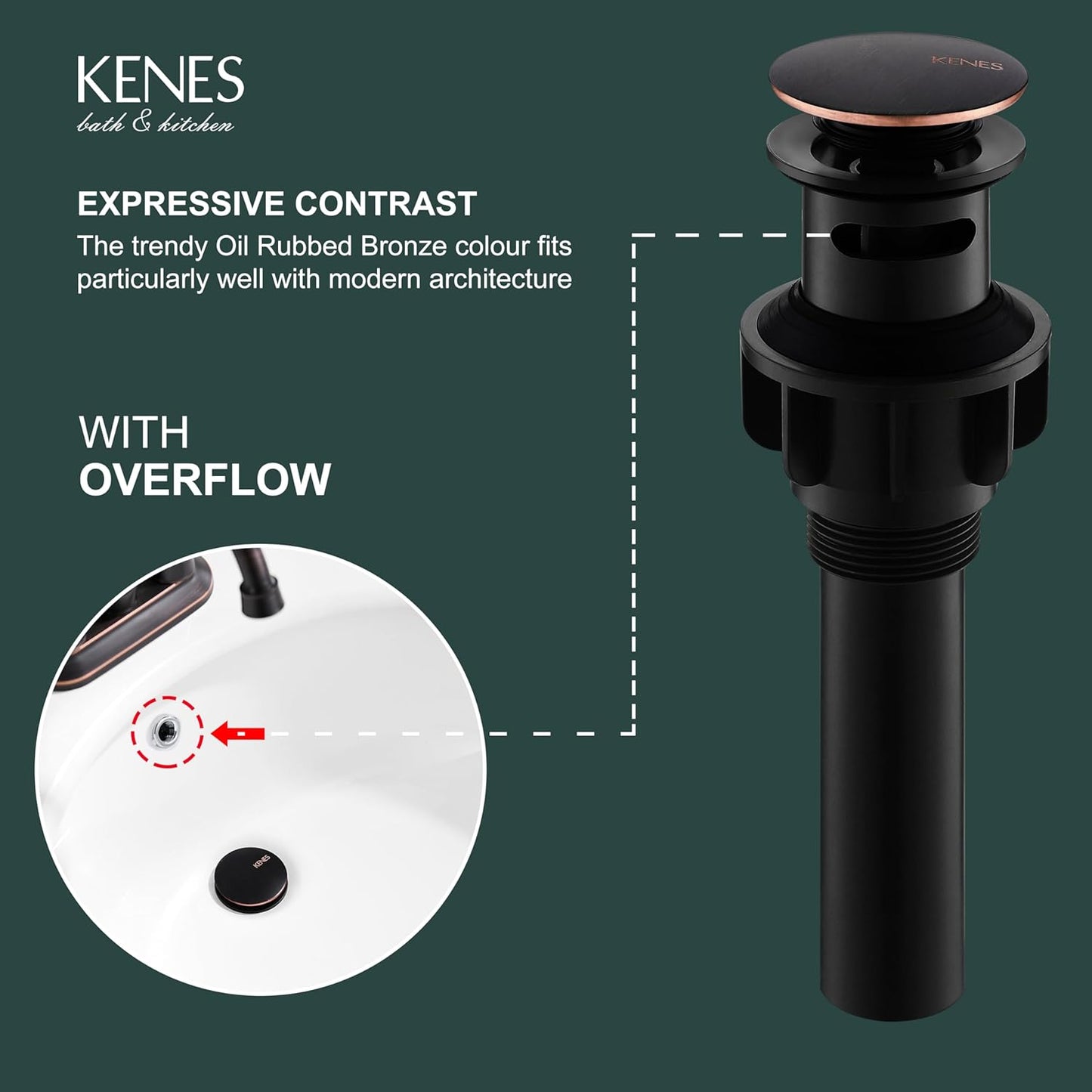 KENES Oil Rubbed Bronze Pop Up Bathroom Sink Drain with Overflow, Lavatory Bathroom Vanity Sink Drain Stopper, Sink Drain Assembly with Overflow Anti Clog Pop Up Drain