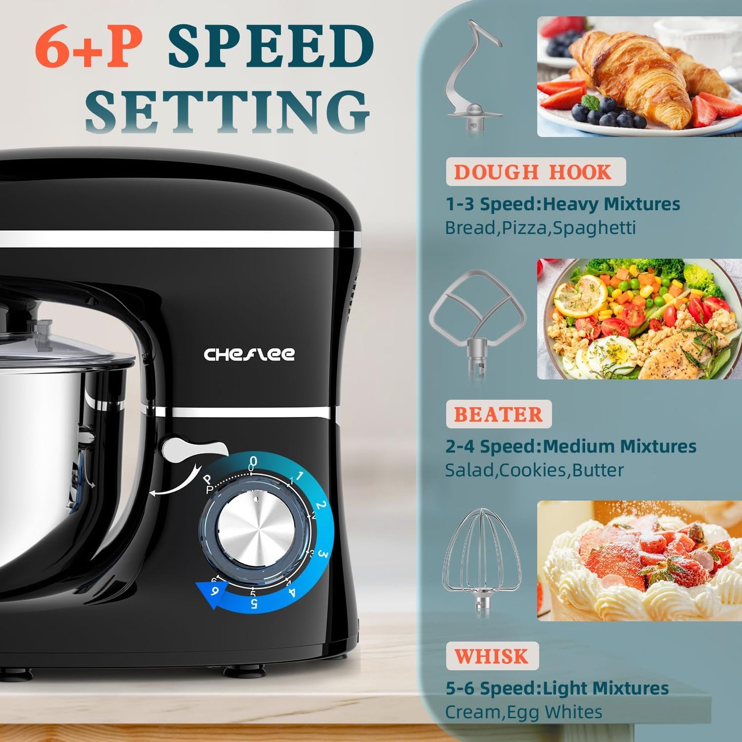CHeflee Stand Mixer,600W 6+P With 6.5QT Stainless Steel Bowl,Dough Hook, Wire Whip & Beater,for Most Home Cooks,Black
