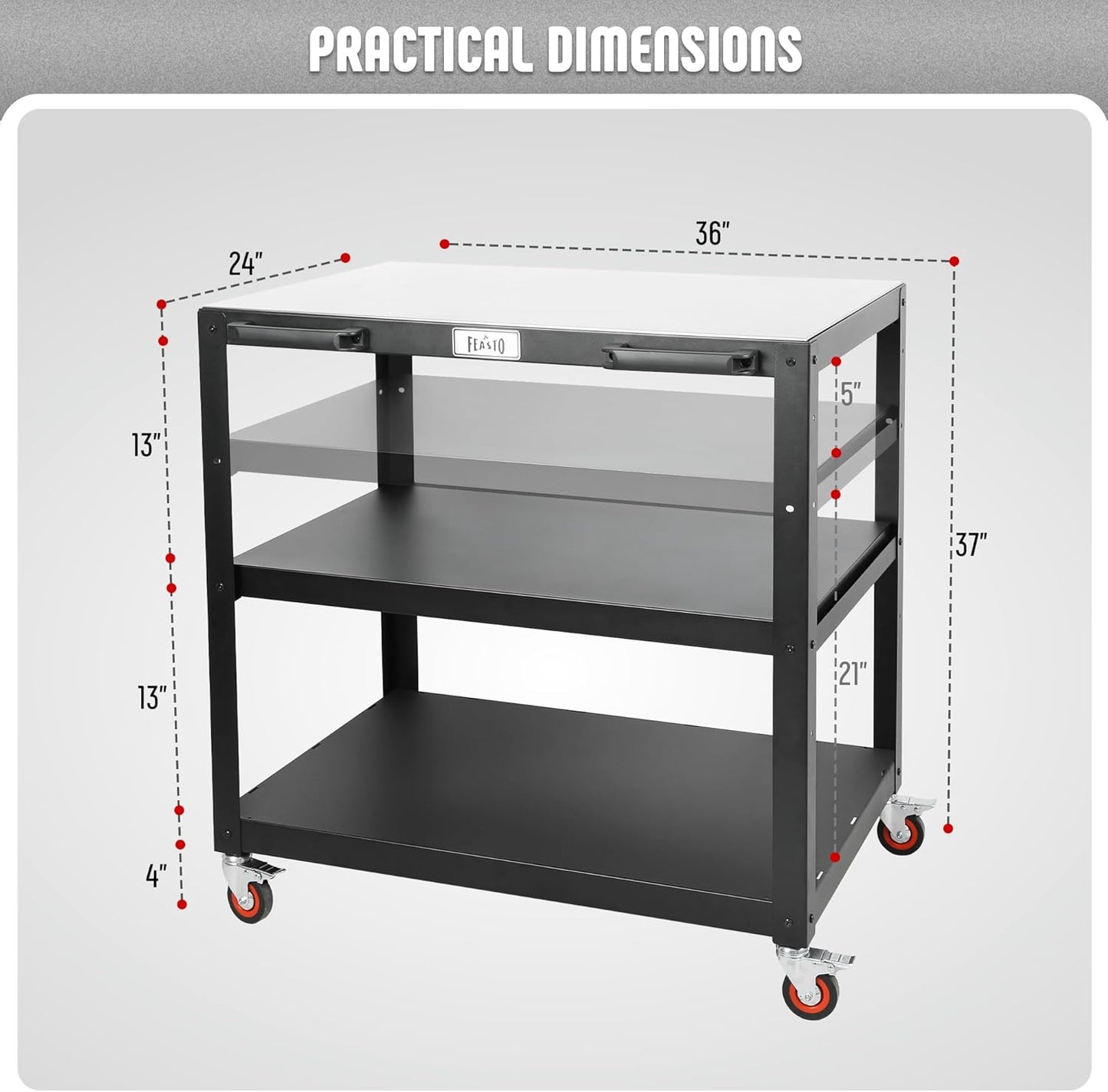 36''x 24'' Large Movable Pizza Oven Table for Outdoor, 304 Stainless Steel Grill Cart with Wheels, 3-Shelf Outdoor Kitchen Prep Table Pizza Oven Stand on Wheels for Ooni 16, Blackstone Griddle