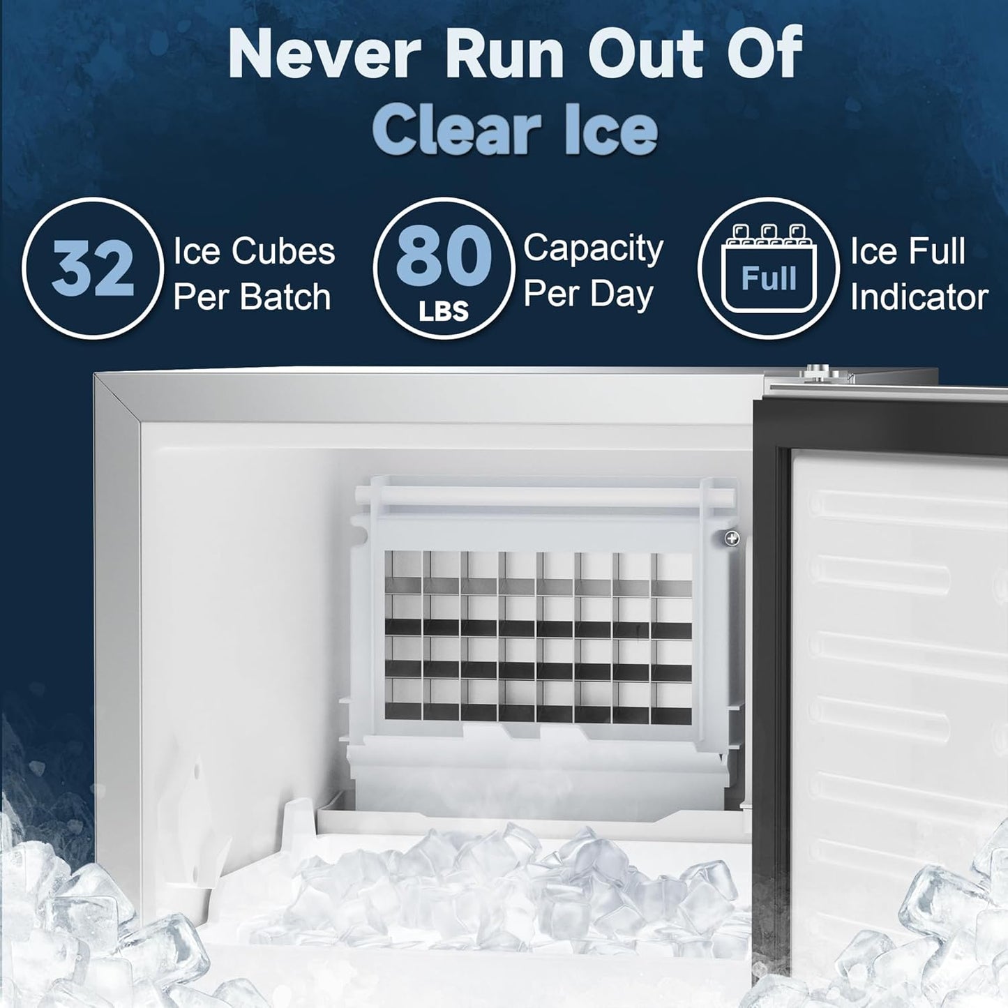 15" W Commercial Under Counter Ice Maker Machine, 80 Lbs/Day, 30 Lbs Storage, Auto-Cleaning, Stainless Steel Built-in Freestanding Ice Maker for Home Bar Restaurant Outdoor