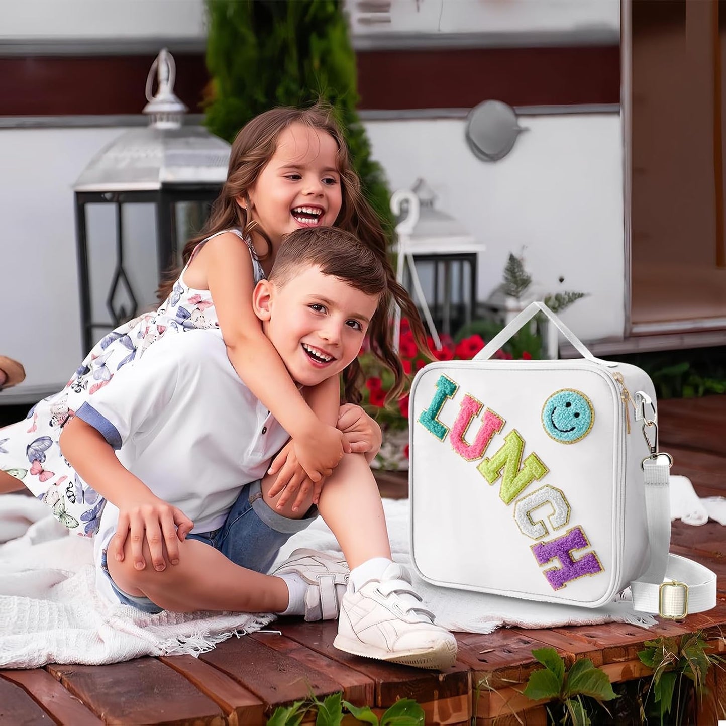 Insulated Lunch Bag With Adjustable Shoulder Strap, Nylon Preppy Lunch Box Large Insulated Lunch Bag Reusable Lunch Tote Bag with Smiley Preppy LunchBag for Girls School Travel Picnic (White)