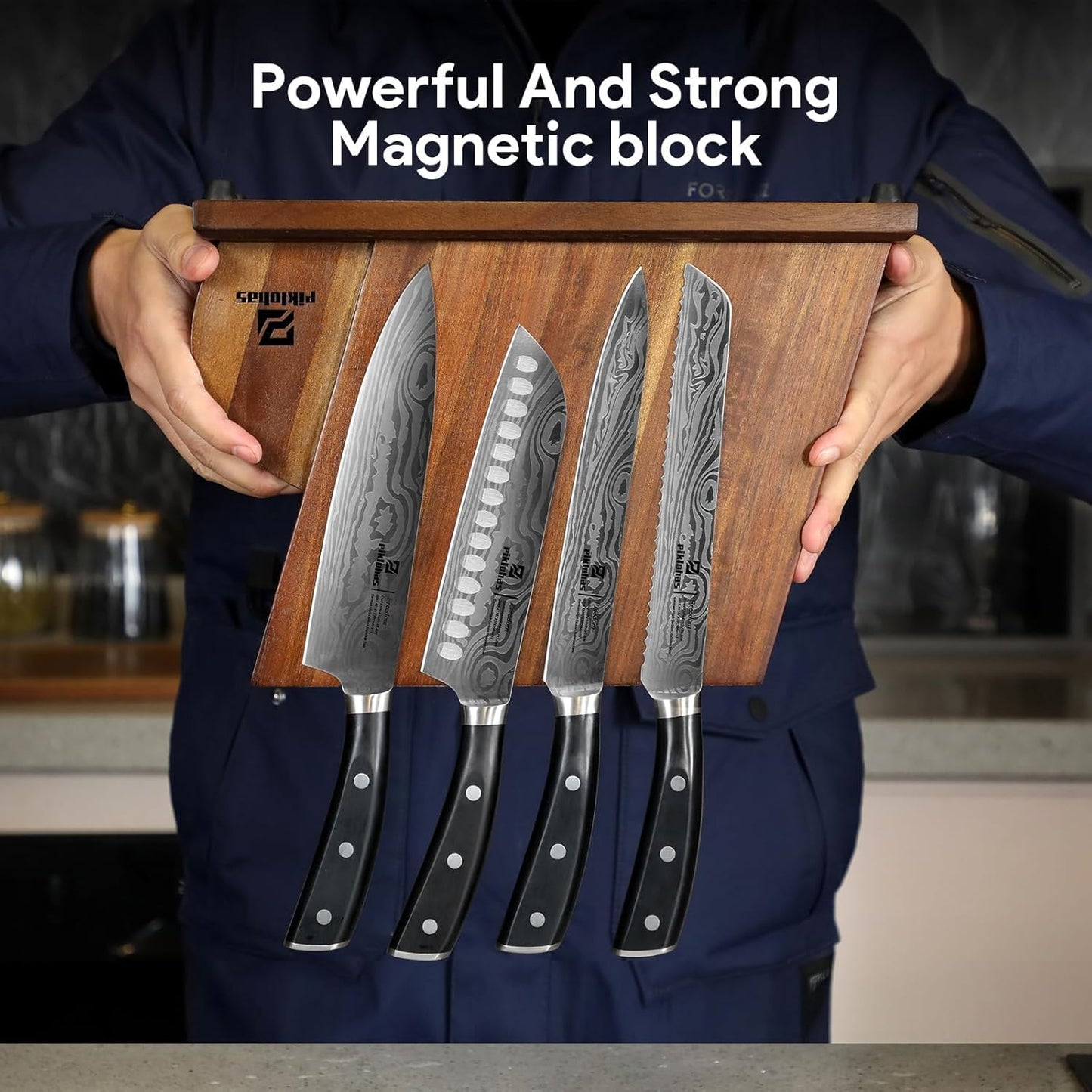 Knife Sets for Kitchen with Block, 17 Pieces with Magnetic Knife Holder, German High Carbon Stainless Steel Damascus Pattern Chef Knife Set
