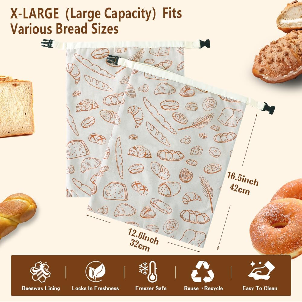 Bread Bags for Homemade bread,2 Pack Sourdough Bread Bags,Beeswax Bread Bags for Bourdough,Reusable Bread Storage