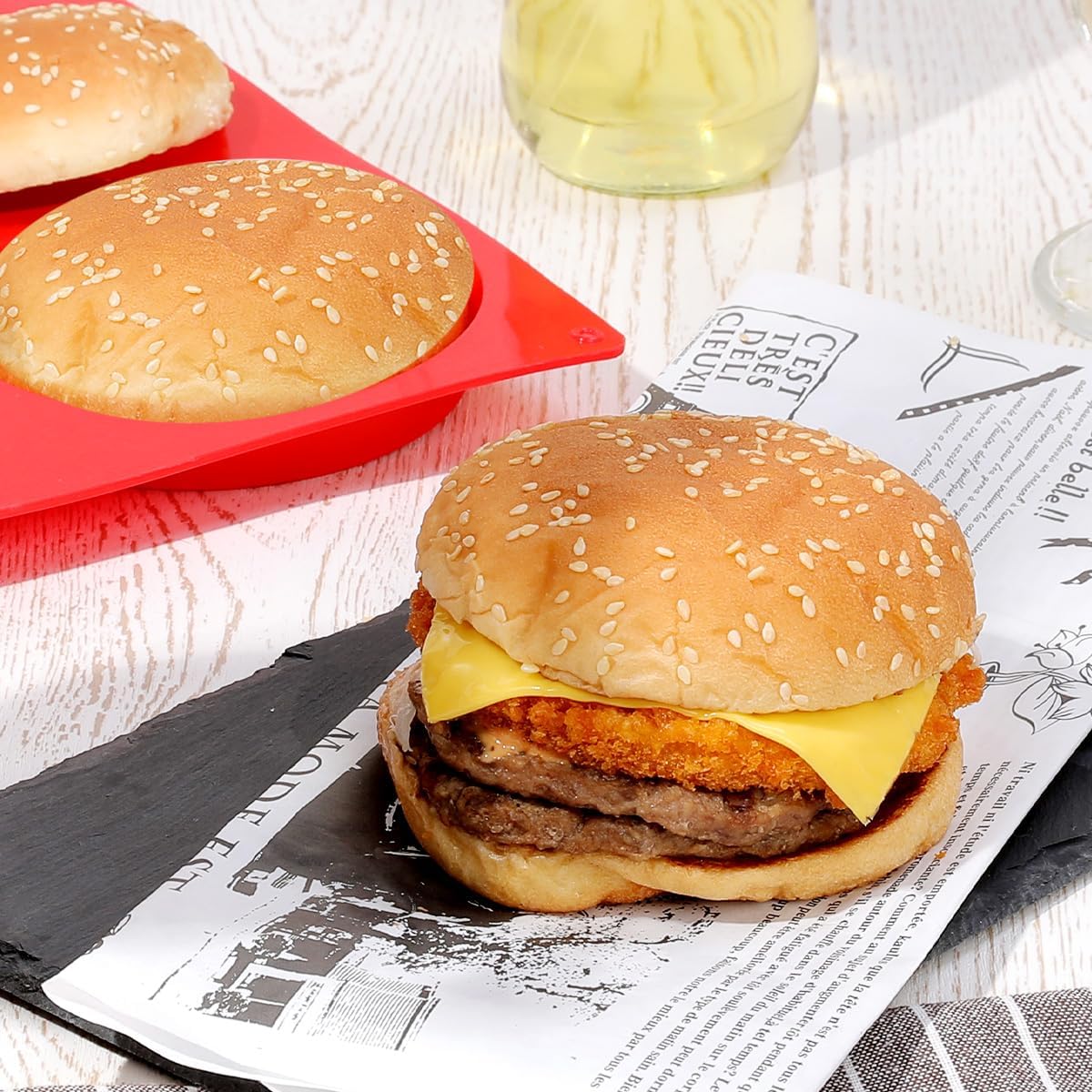 CAKETIME Muffin Top Pan, Jumbo Silicone Egg Molds for Breakfast Sandwiches 4 Inch Round Baking Pan for Oven English Muffins, Whoopie Pies, Corn Bread, Egg bites, Tarts 3 Pack Red