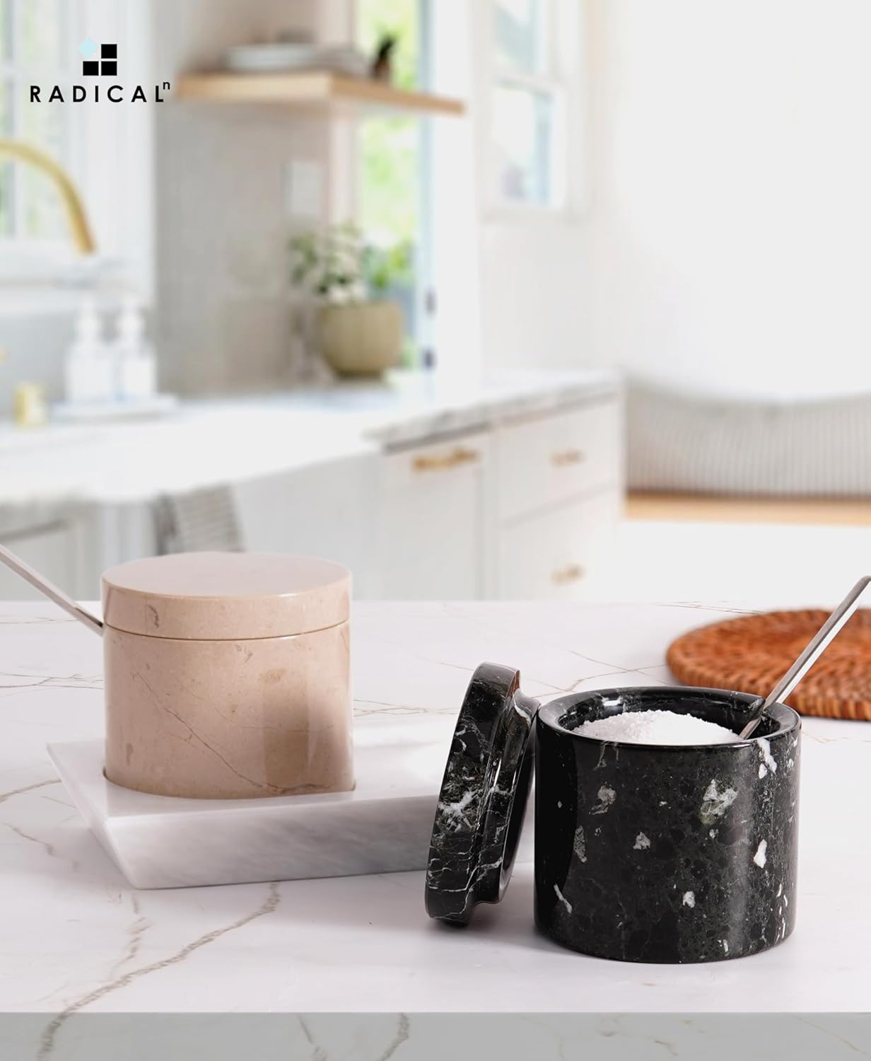 Radicaln Marble Salt Cellar With Lid and Tray 3" Inches Handmade Verona and Black Spice Jar For Kitchen Countertop, Ideal Set of 2 Salt bowl For Home