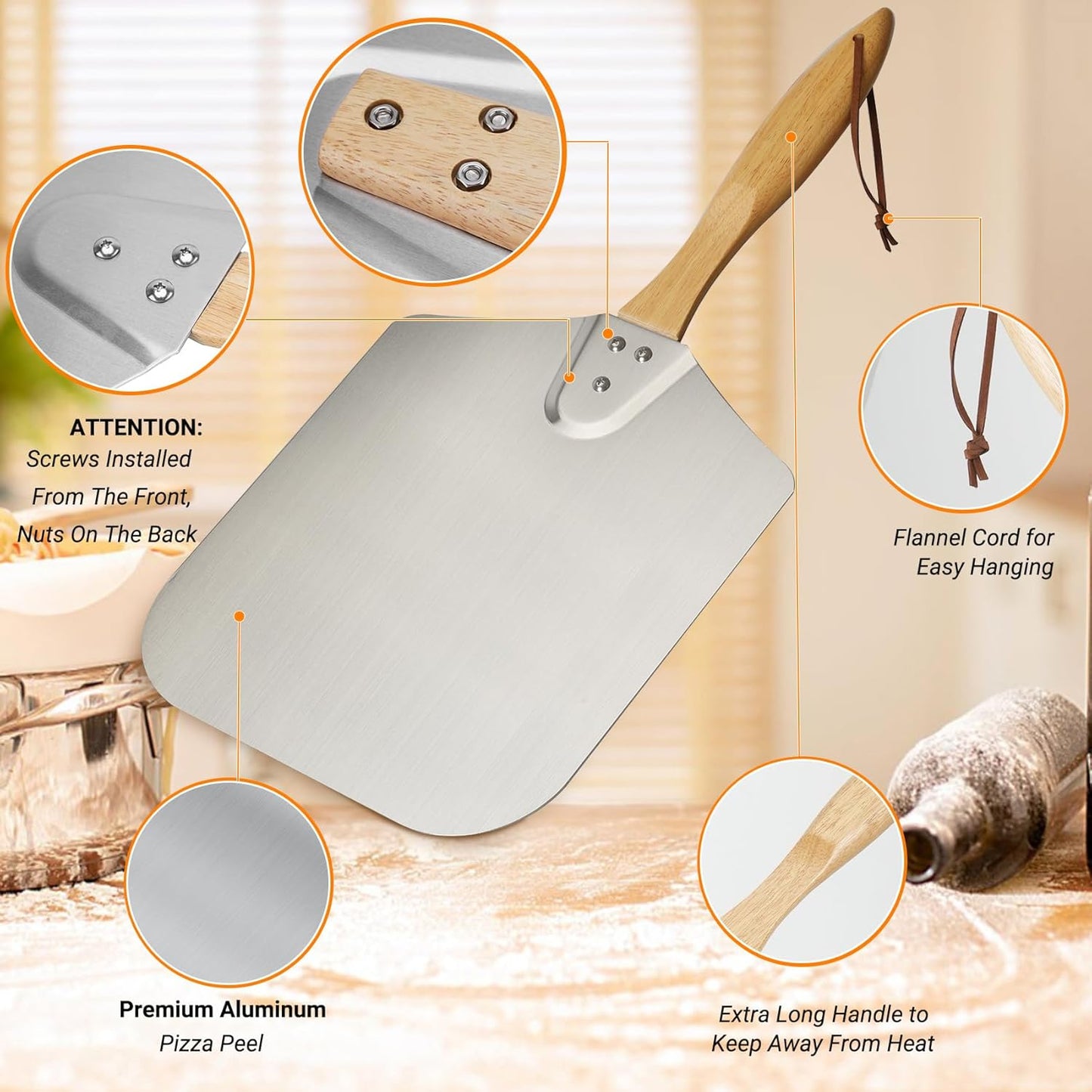 Skyflame Kitchen Supply Aluminum Pizza Peel with Wooden Handle 12 Inch x 14 Inch, Pizza Paddle for Baking Homemade Pizza Bread