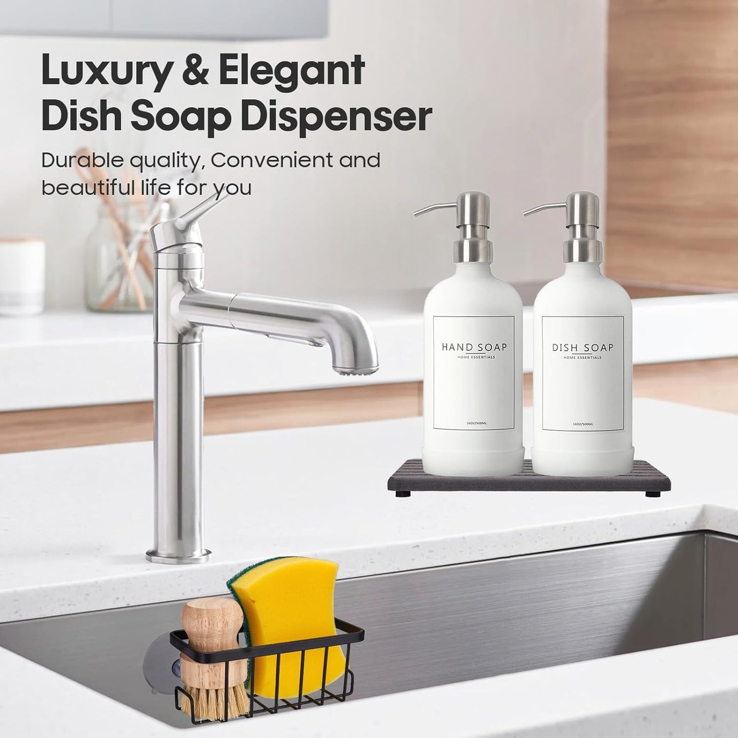 Kitchen Soap Dispenser Set with Instant Dry Tray & Sponge Holder,16 Oz Hand and Dish Soap White Glass Dispenser Set,Stainless Steel Pump,Waterproof Labels,Luxury Soap Bottle for Bathroom