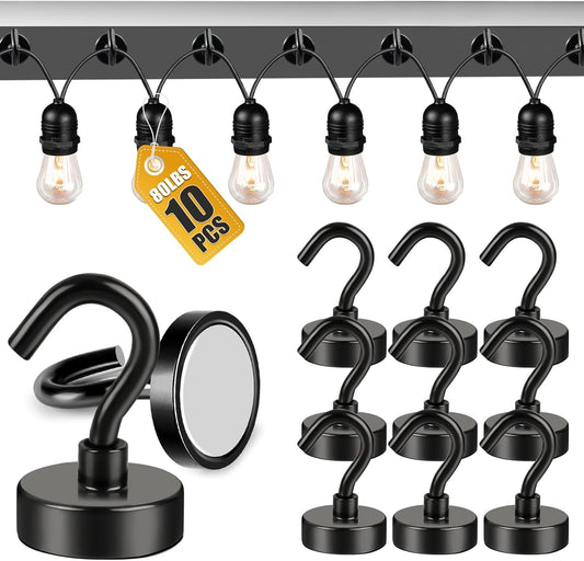 DIYMAG Outdoor Hooks for Hanging String Lights, Balck Magnetic Hooks Strong 80lbs+ Hanging Party Light Wall Cable 2025 Cruise Cabin Ship Essentials Heavy Duty Strong Magnets for Outside Grill 10PCS