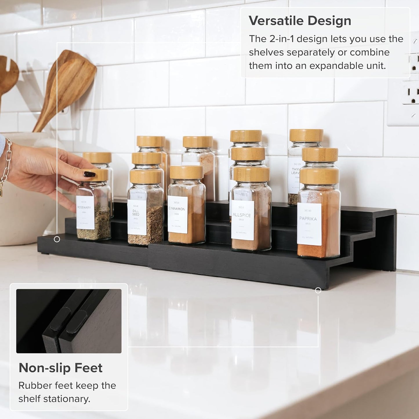 KitchenEdge Expandable Spice Rack Organizer for Cabinet, 3-Tier Shelf for Spice Organization (11” to 22”), Fits 36 Spice Jars, Seasoning and Pantry Storage, Non-Slip Feet, 100% Bamboo, Black Finish