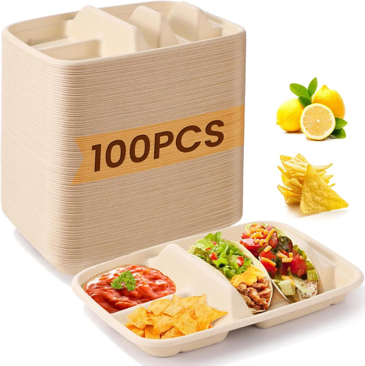 100 PCS Taco Plates Disposable, Bagasse Pulp 2-Slot Taco holder with Side Compartments, Safe Plant Fiber Tray for Taco Tuesday, Party, Sandwich, Hot Dog, Sauce & Snack Serving (With Compartments)