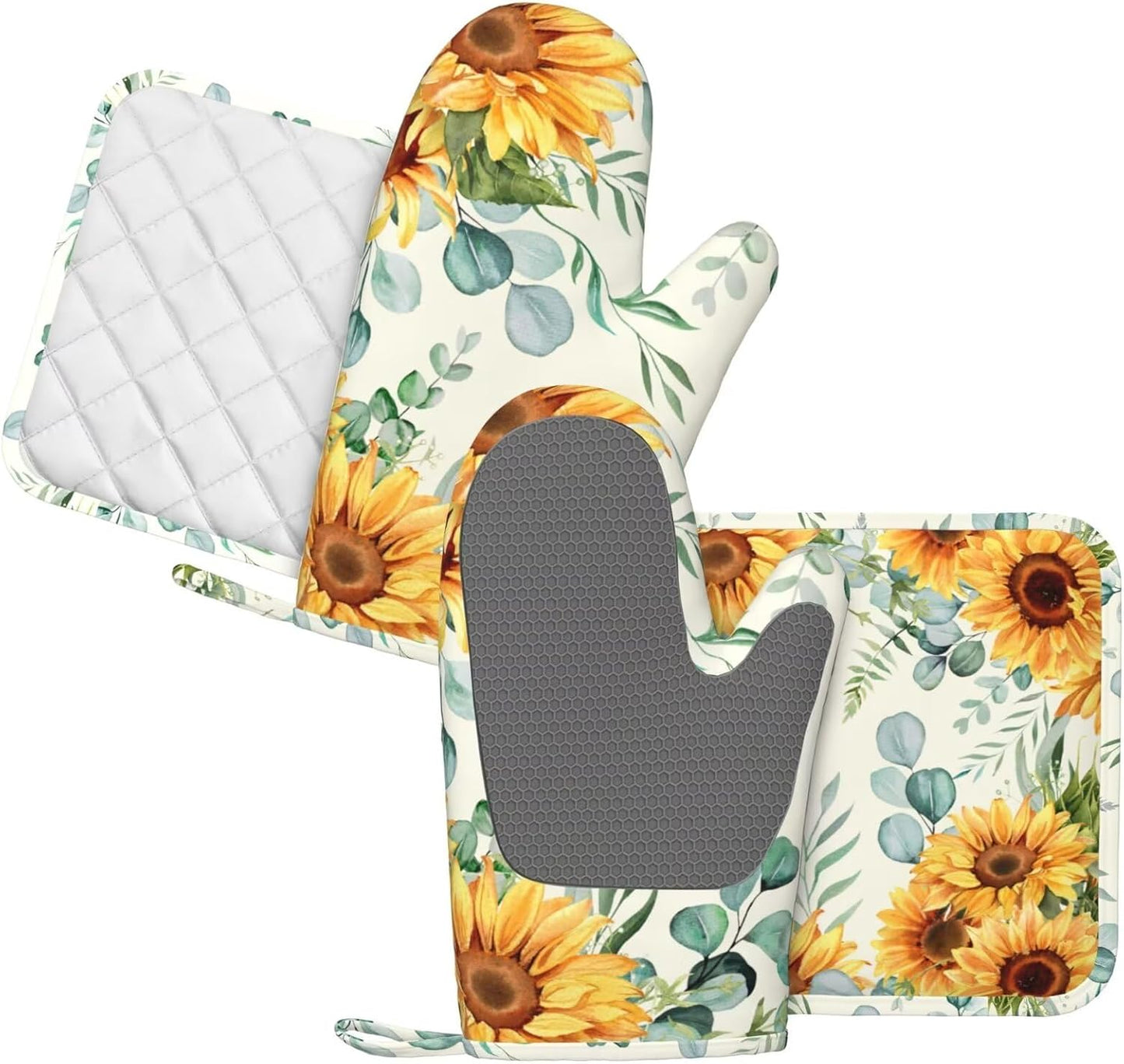 Sunflower Eucalyptus Oven Mitts Pot Holders Set Silicone Heat Resistant Summer Yellow Green Leaves Flowers Oven Mitts and Hot Pads Potholders Non-Slip Oven Gloves for Cooking Baking Grilling