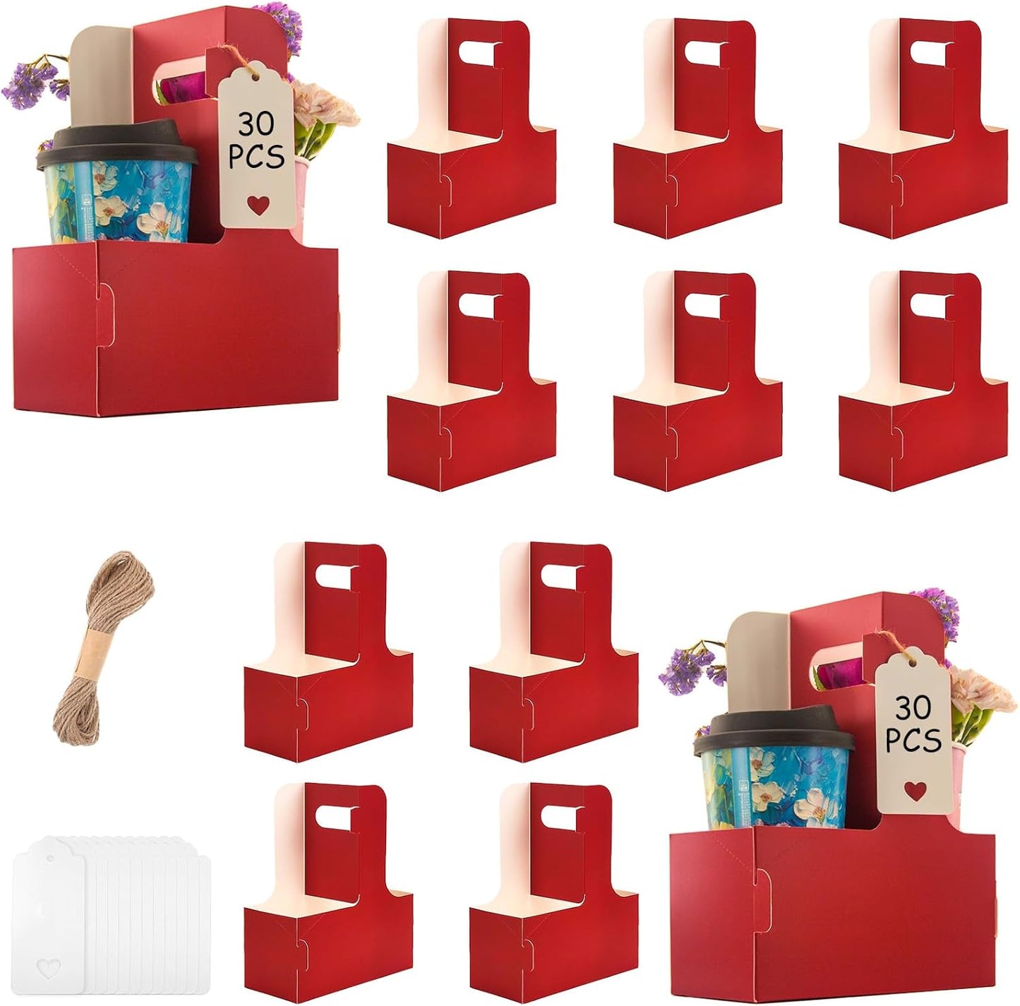 30 Pack 2 Cup Disposable Drink Carrier with Handle Paperboard Coffee Cup Holder Portable for Hot Cold Drinks Food Delivery Services with Heart Card for Teacher Appreciation Week Mother's Day