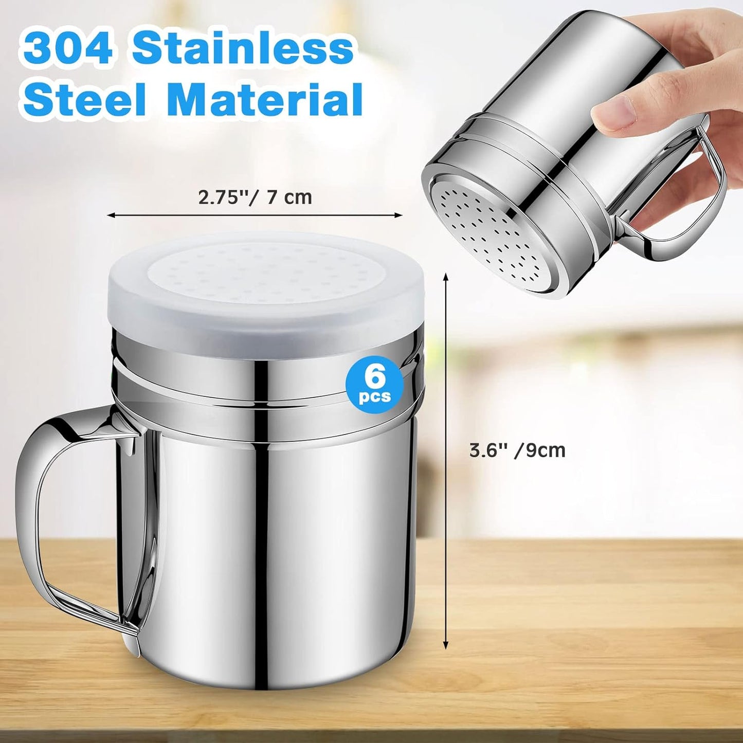 Lallisa 6 Pcs 10oz Stainless Steel Salt and Pepper Shakers with Lid and Handle Dredge Spice Seasoning Condiment Popcorn Salt Shaker Powder Sugar Flour for Cooking Kitchen Baking