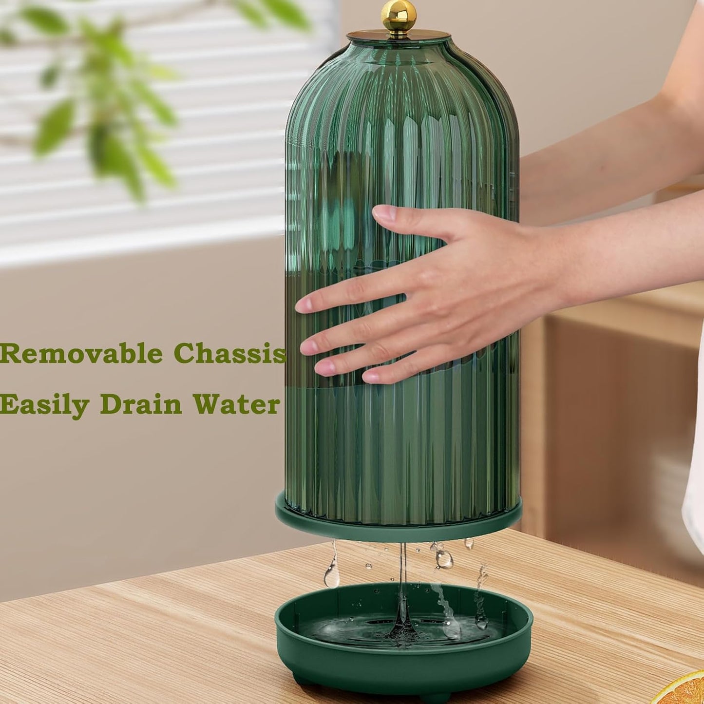 JEESA Utensil Holder with Lid, 360° Rotating Flatware Organizer for Cutlery Spoon Fork(H Less 8"), Silverware Caddy Organizer Drainage Dustproof Flatware Holder Kitchen Countertop Storage, Green