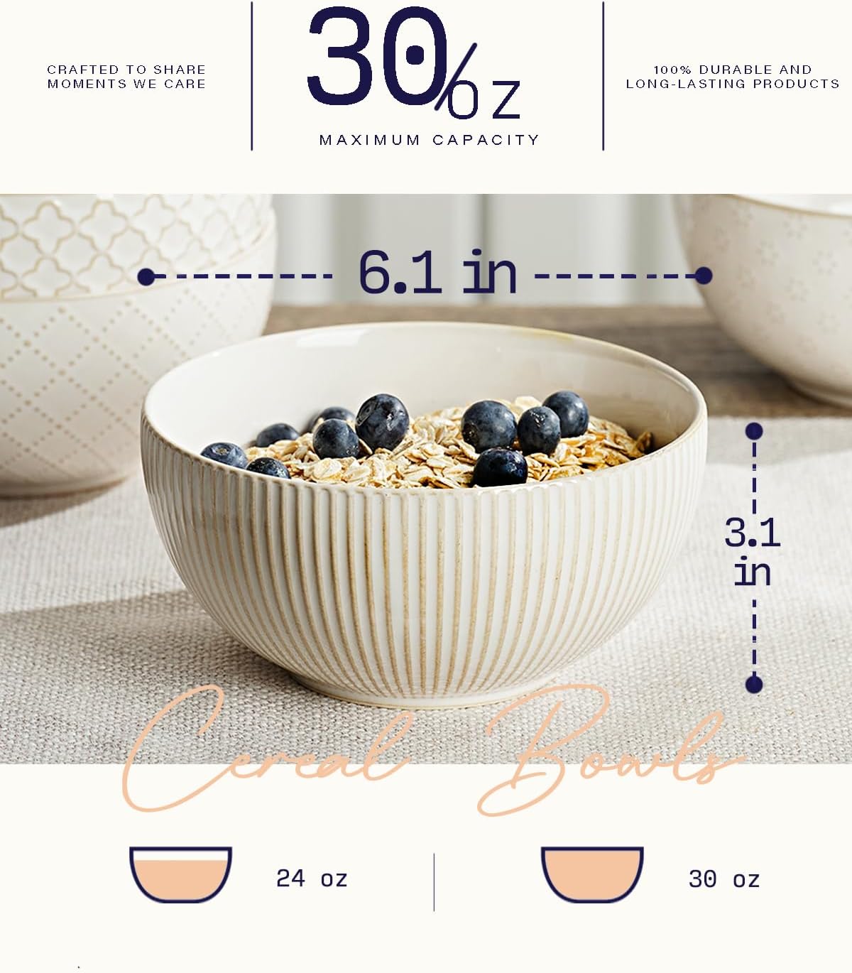 getstar Ceramic Soup Bowls, Cereal Bowl Set of 4 with Assorted Embossment (6.1 inch & 30 oz), Farmhouse Vintage Color Bowls for Kitchen