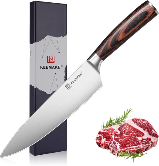 KEEMAKE Chef Knife 8 inch - Sharp Kitchen Knife High Carbon Stainless Steel Blade, Gyuto Knife Ergonomic Wood Handle, Professional Chef’s Knife for Home Kitchen and restaurant