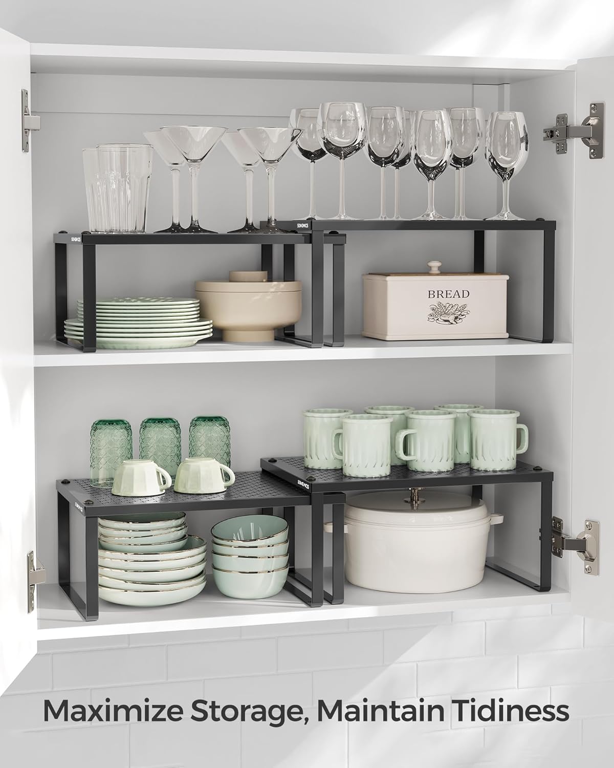 SONGMICS Spice Racks, Set of 2 Metal Cabinet Shelf Organizers, Countertop Organizers, Shelf Risers, Stackable, Expandable, Ink Black UKCS001B01