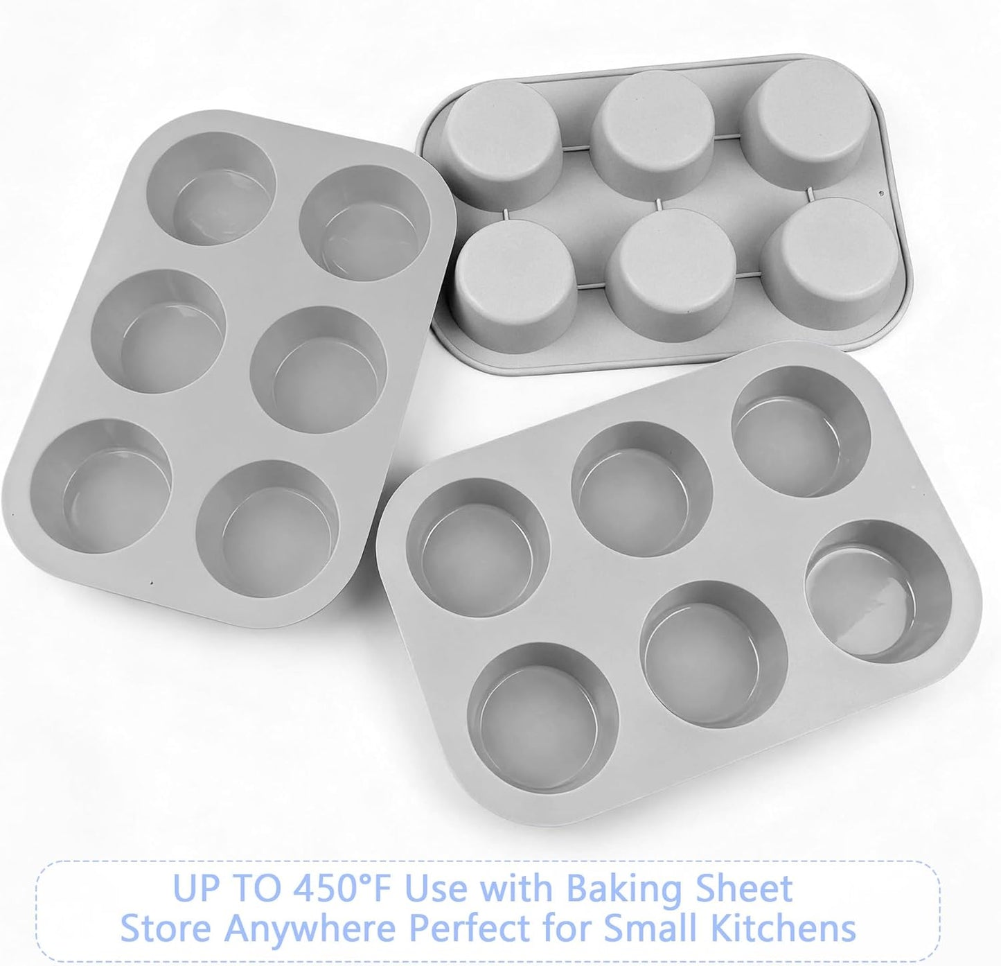 3-Pack 6-Cup Silicone Muffin Pans, Nonstick Cupcake Baking Molds, BPA/PFA-Free, Dishwasher & Oven Safe - Gray