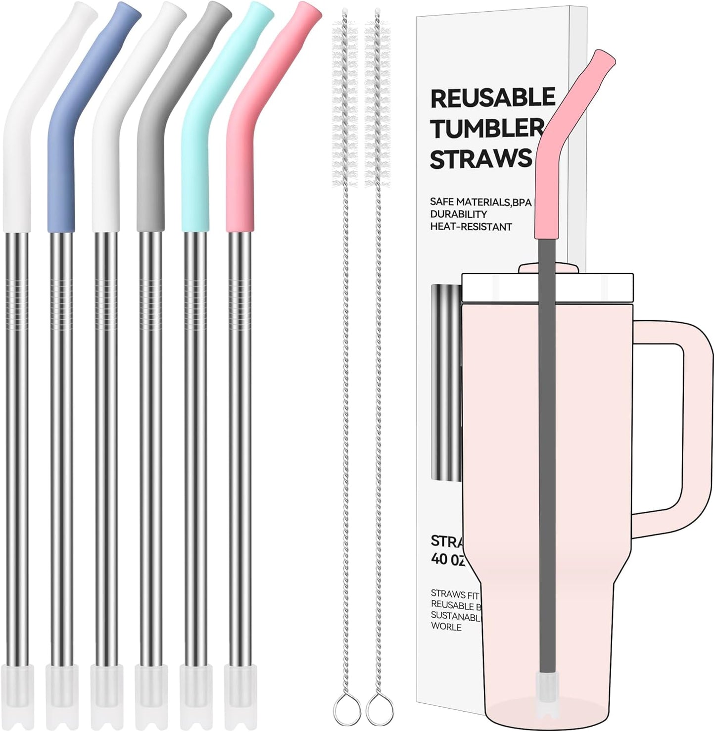 6 Pcs Metal Reusable Straws for 40 oz Tumbler, Stainless Steel Long Drinking Straw with Colourful Silicone Tips,Straw for Glass Cups, Cleaning Brushes Included, BPA FREE