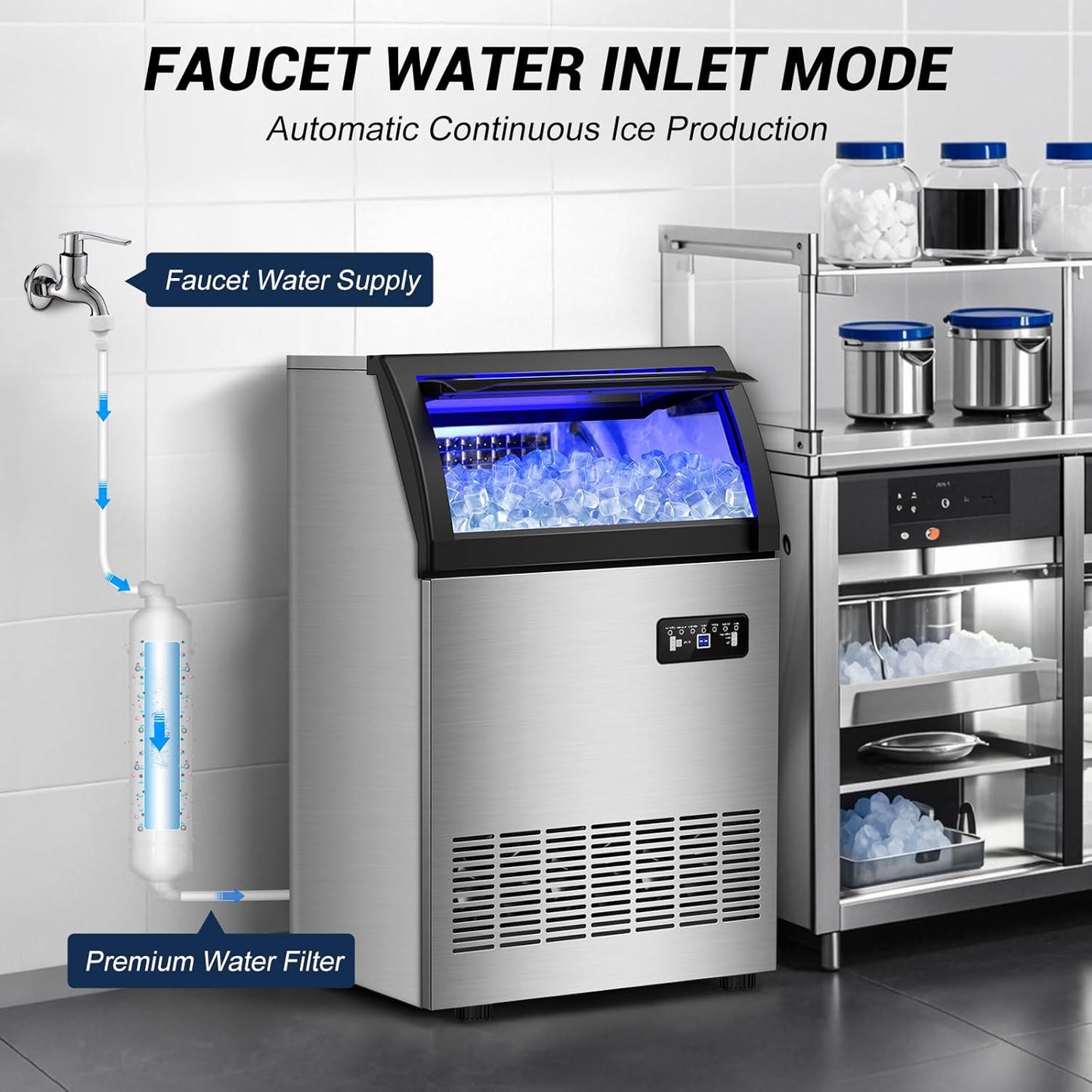 220LBS Commercial Ice Maker Machine - 72PCS Ice Cubes per Round, Undercounter/Freestanding Ice Machine, 55LBS Ice Storage Capacity for Home Bar and Outdoor, Stainless Steel Self-Cleaning