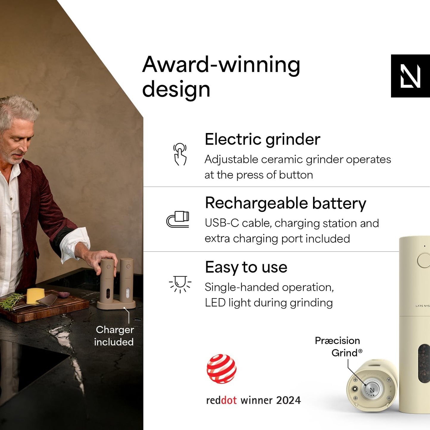 LARS NYSØM Electric Salt and Pepper Grinder Set, USB Rechargeable, Automatic Salt and Pepper Mills, Spice Shakers Refillable with LED Light, Adjustable Coarseness, Ceramic Grinder (Almond Beige)