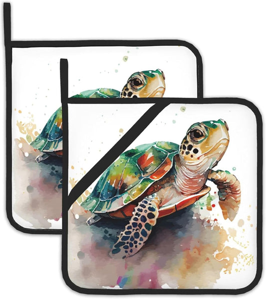 2PCS Turtle Watercolour Pot Holder with Loop,Heat Resistant Oven Pads,Hot Pat for Kitchen Cooking Baking Food