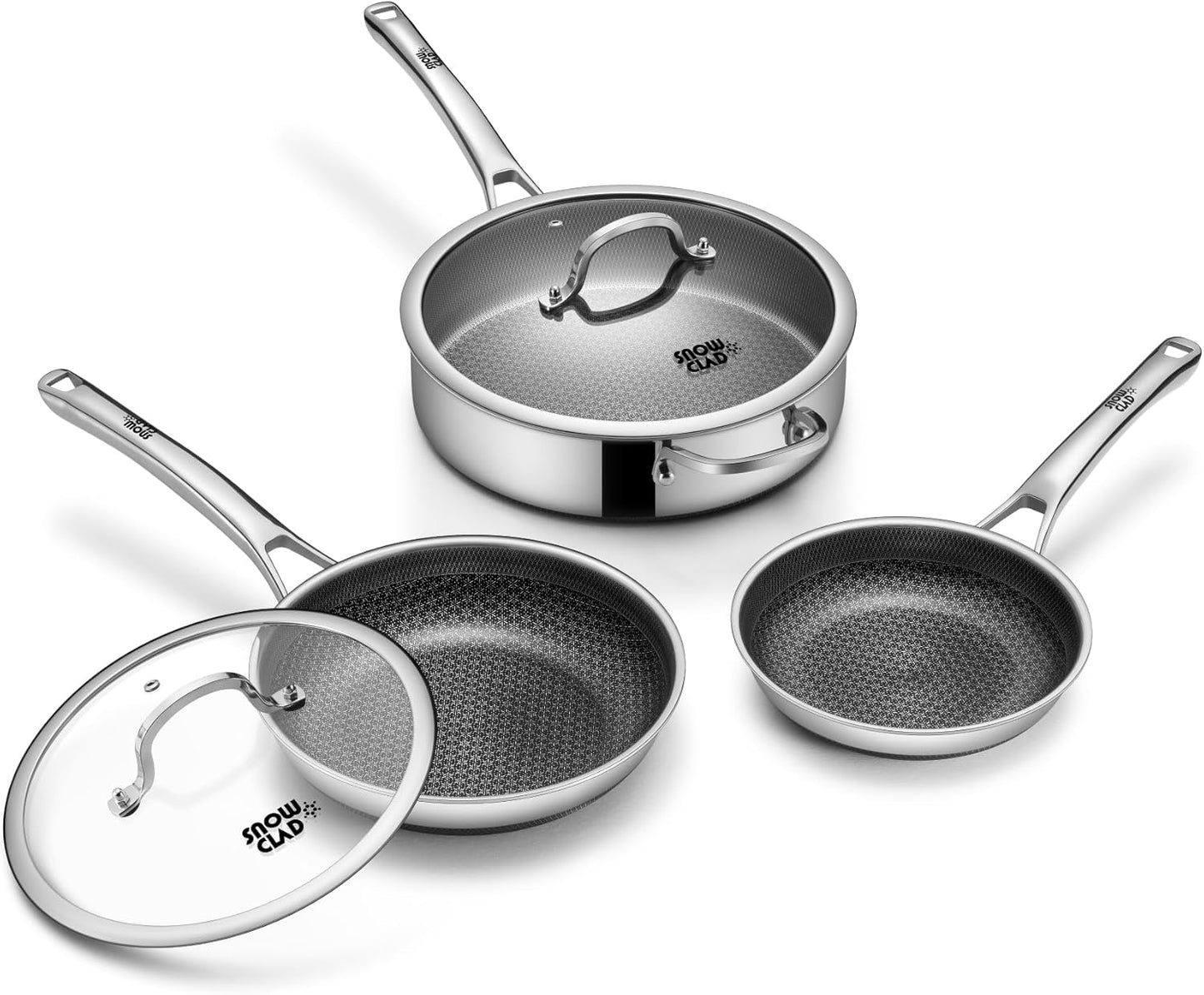 Frying Pans Nonstick Set with Lid,Hybrid Non Stick 5 Quart Saute pan,10 inch Skillet,8 inch Skillet PFOA Free Cookware,Stainless Steel skillet,Deep Saute Pan,Dishwasher Safe,Works on All Cooktops