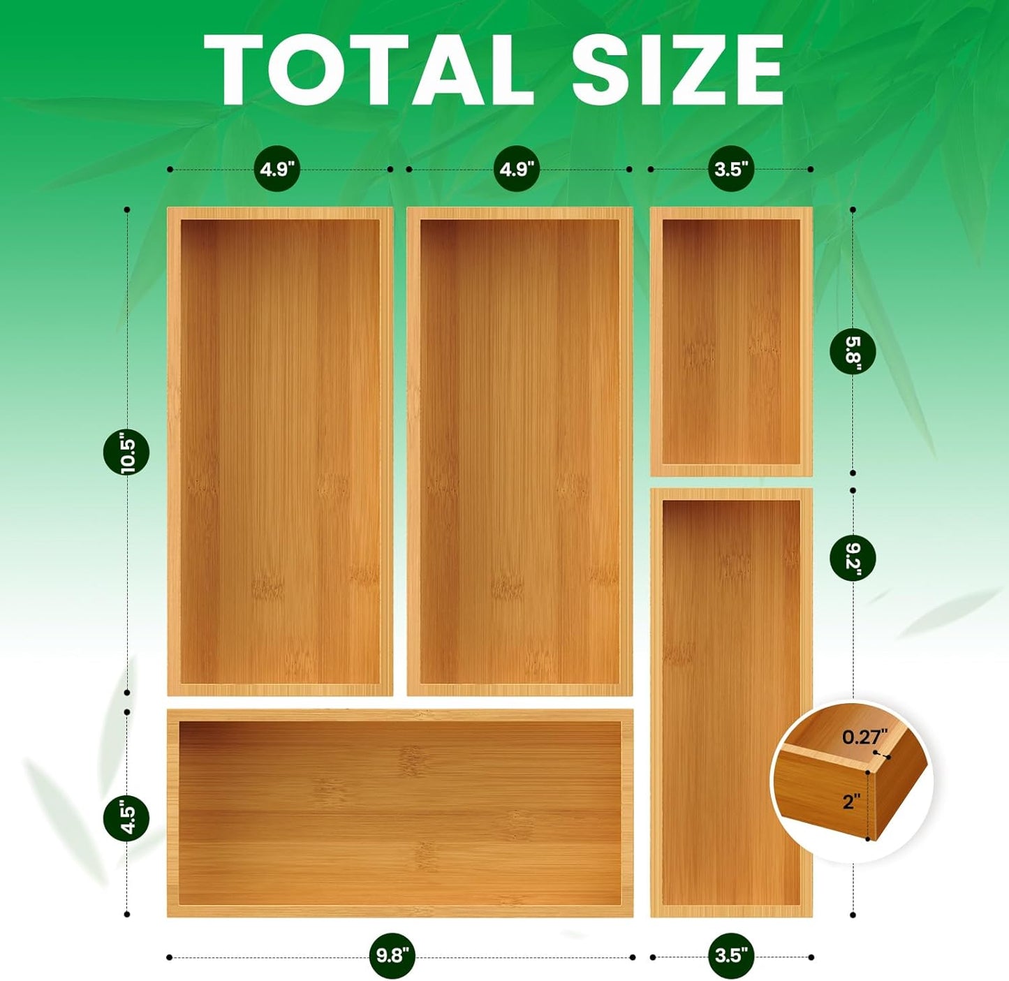Bamboo Drawer Organizer Set, 5-Piece Storage Trays for Kitchen, Bathroom, Office Desk, Makeup & Junk Drawers,Utensils