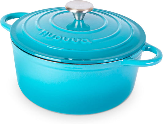 Cast Iron Pot with Lid – Non-Stick Ovenproof Enamelled Casserole Pot, Oven Safe up to 500° F – Sturdy Dutch Oven Cookware – Blue, 5-Quart, 24cm – by Nuovva