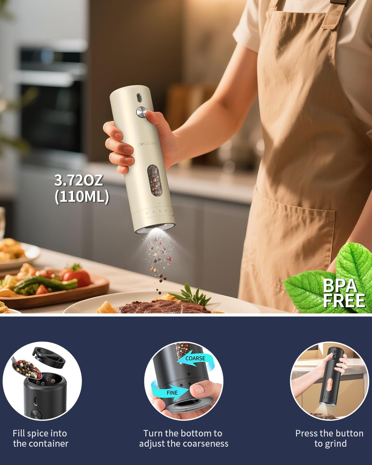CIRCLE JOY Rechargeable Electric Salt and Pepper Grinder Set with Base, Automatic Pepper Mills with 110ml Container, External Adjustable Coarseness, White Led Light and One-Handed Operation, Begie